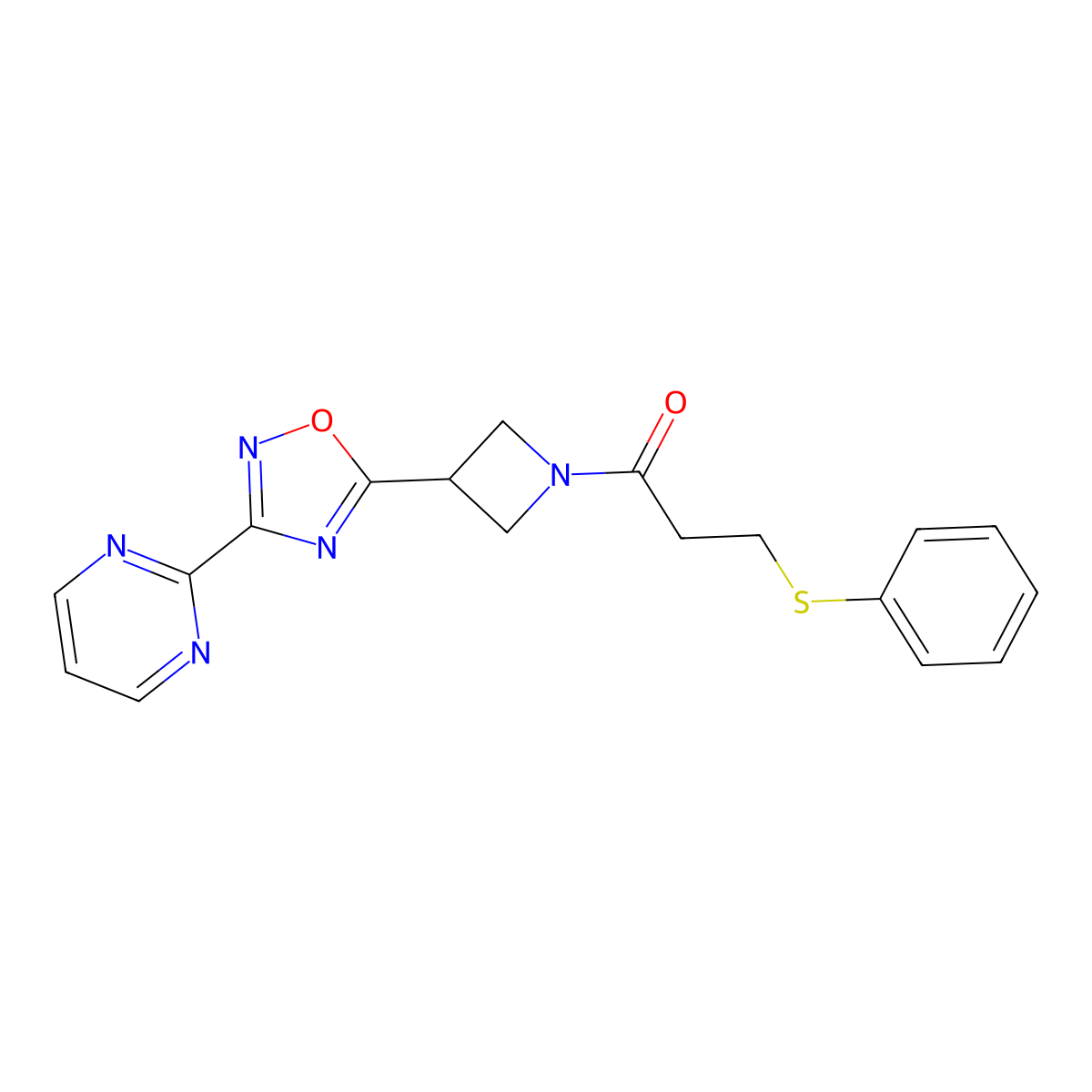 3-(Phenylthio)-1-(3-(3-(pyrimidin-2-yl)-1,2,4-oxadiazol-5-yl)azetidin-1-yl)propan-1-one molecular structure, CAS 1325701-39-0