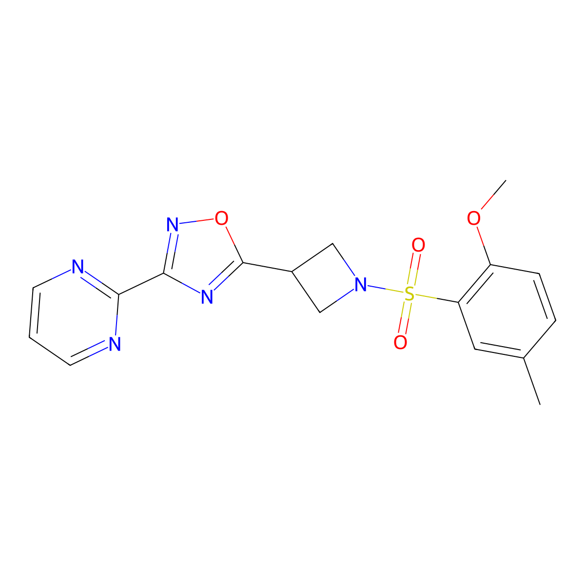 5-(1-((2-Methoxy-5-methylphenyl)sulfonyl)azetidin-3-yl)-3-(pyrimidin-2-yl)-1,2,4-oxadiazole molecular structure, CAS 1325702-02-0