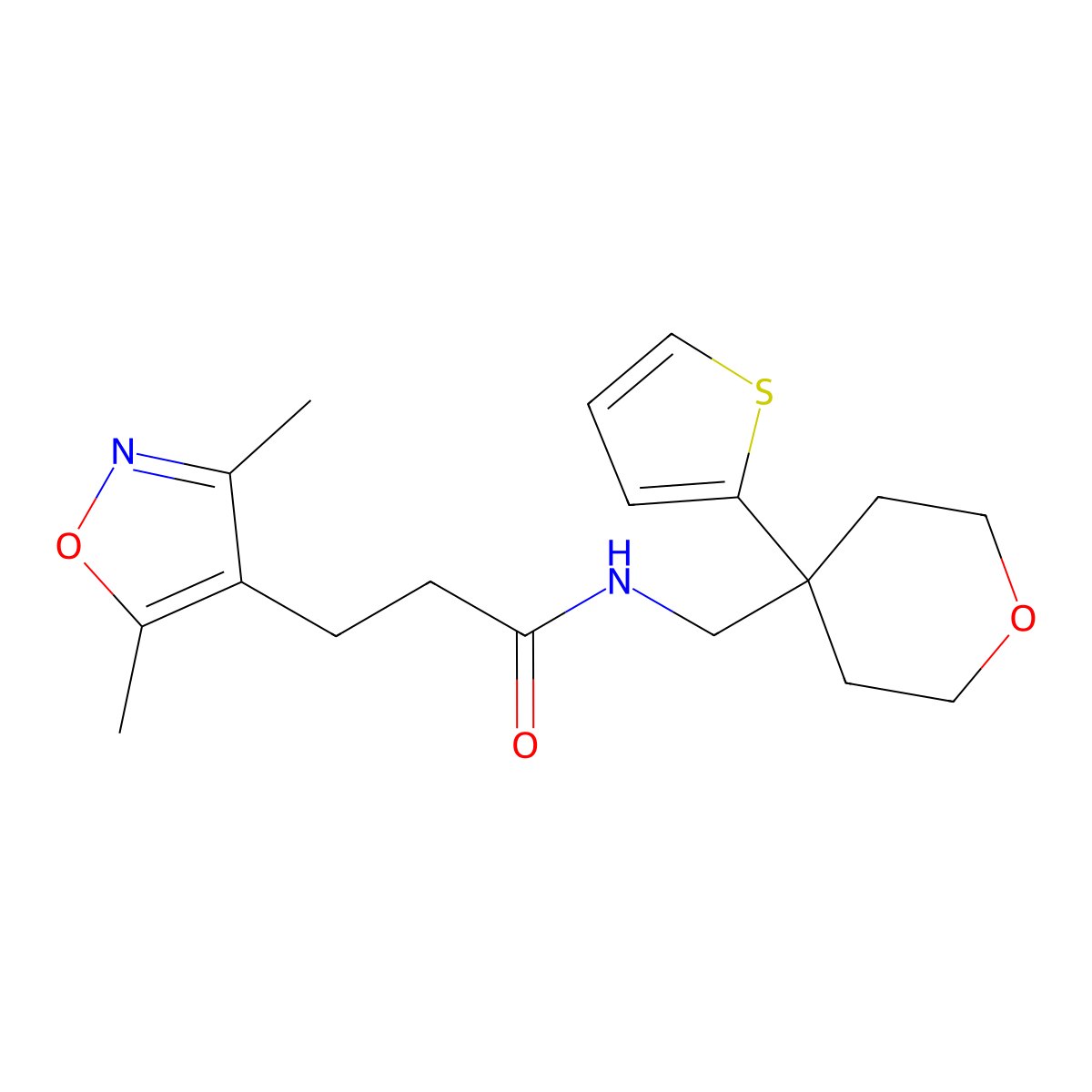 3-(3,5-dimethylisoxazol-4-yl)-N-((4-(thiophen-2-yl)tetrahydro-2H-pyran-4-yl)methyl)propanamide molecular structure, CAS 1325706-96-4