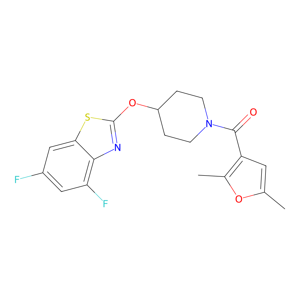 (4-((4,6-Difluorobenzo[d]thiazol-2-yl)oxy)piperidin-1-yl)(2,5-dimethylfuran-3-yl)methanone molecular structure, CAS 1325740-76-8