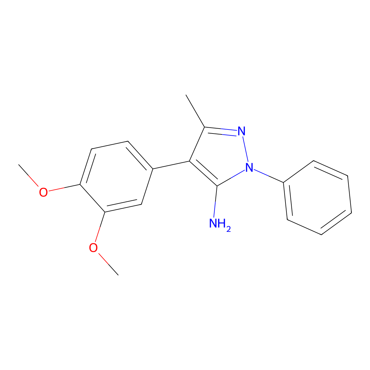 1H-Pyrazol-5-amine, 4-(3,4-dimethoxyphenyl)-3-methyl-1-phenyl- molecular structure, CAS 132576-21-7