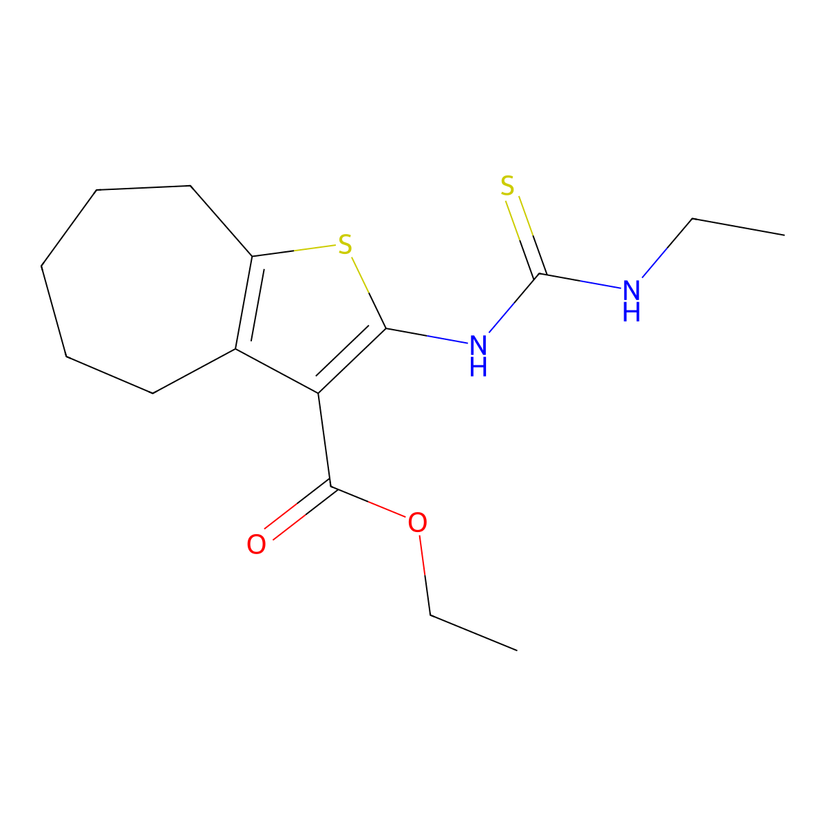 4H-Cyclohepta(b)thiophene-3-carboxylic acid, 5,6,7,8-tetrahydro-2-(((ethylamino)thioxomethyl)amino)-, ethyl ester molecular structure, CAS 132605-12-0