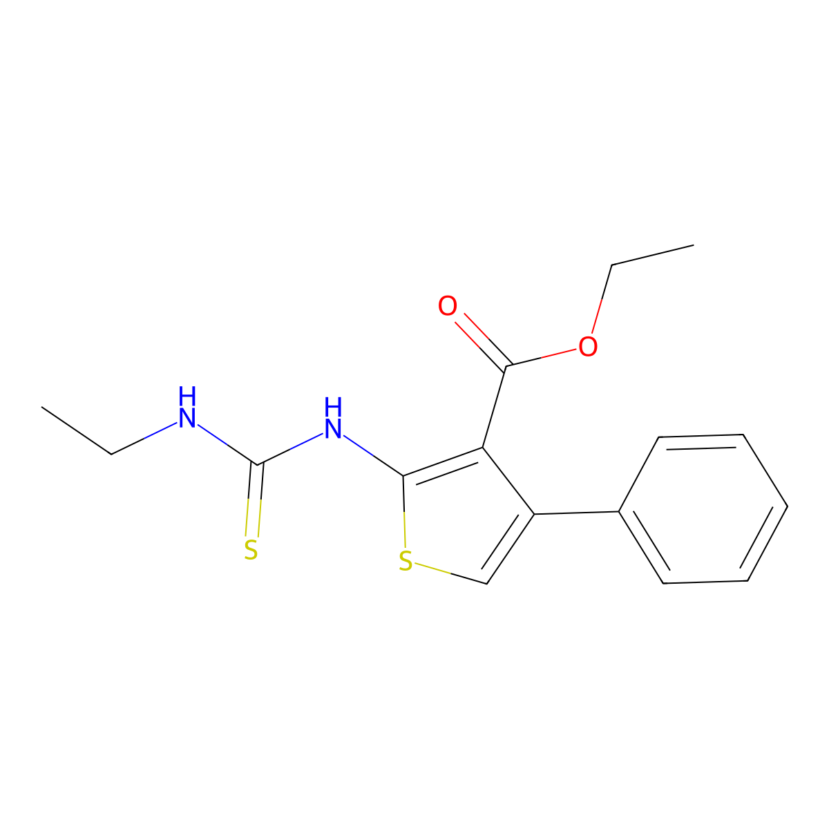 Thiophene-3-carboxylic acid, 2-(((ethylamino)thioxomethyl)amino)-4-phenyl-, ethyl ester molecular structure, CAS 132605-13-1