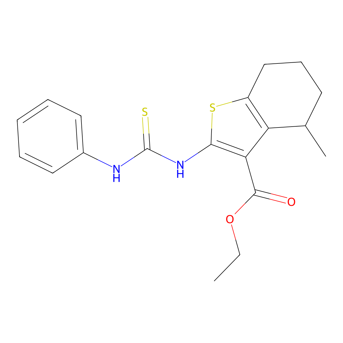 Benzo(b)thiophene-3-carboxylic acid, 4,5,6,7-tetrahydro-4-methyl-2-(((phenylamino)thioxomethyl)amino)-, ethyl ester molecular structure, CAS 132605-14-2