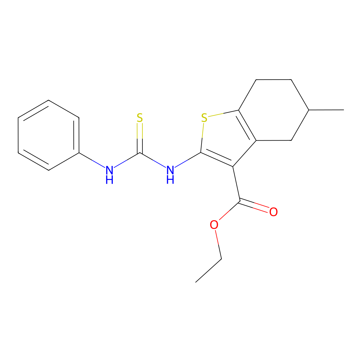 Benzo(b)thiophene-3-carboxylic acid, 4,5,6,7-tetrahydro-5-methyl-2-(((phenylamino)thioxomethyl)amino)-, ethyl ester molecular structure, CAS 132605-15-3