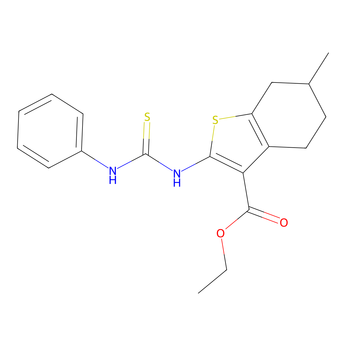 Benzo(b)thiophene-3-carboxylic acid, 4,5,6,7-tetrahydro-6-methyl-2-(((phenylamino)thioxomethyl)amino)-, ethyl ester molecular structure, CAS 132605-16-4
