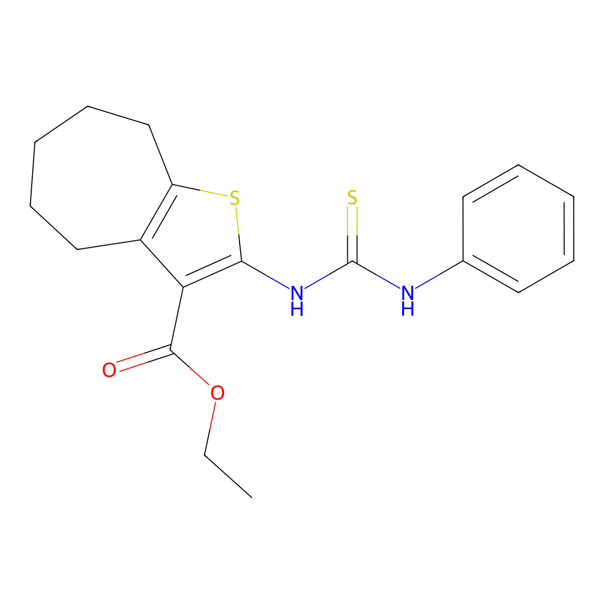 4H-Cyclohepta(b)thiophene-3-carboxylic acid, 5,6,7,8-tetrahydro-2-(((methylamino)thioxomethyl)amino)-, ethyl ester molecular structure, CAS 132605-17-5