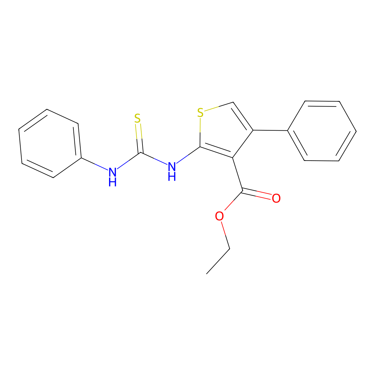 Thiophene-3-carboxylic acid, 4-phenyl-2-(((phenylamino)thioxomethyl)amino)-, ethyl ester molecular structure, CAS 132605-18-6
