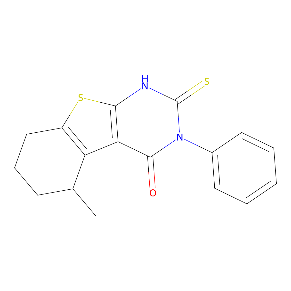 (1)Benzothieno(2,3-d)pyrimidin-4(1H)-one, 2,3,5,6,7,8-hexahydro-5-methyl-3-phenyl-2-thioxo- molecular structure, CAS 132605-29-9