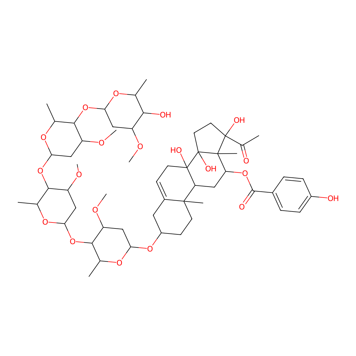 [17-Acetyl-8,14,17-trihydroxy-3-[5-[5-[5-(5-hydroxy-4-methoxy-6-methyloxan-2-yl)oxy-4-methoxy-6-methyloxan-2-yl]oxy-4-methoxy-6-methyloxan-2-yl]oxy-4-methoxy-6-methyloxan-2-yl]oxy-10,13-dimethyl-1,2,3,4,7,9,11,12,15,16-decahydrocyclopenta[a]phenanthren-12-yl] 4-hydroxybenzoate molecular structure, CAS 1326583-08-7