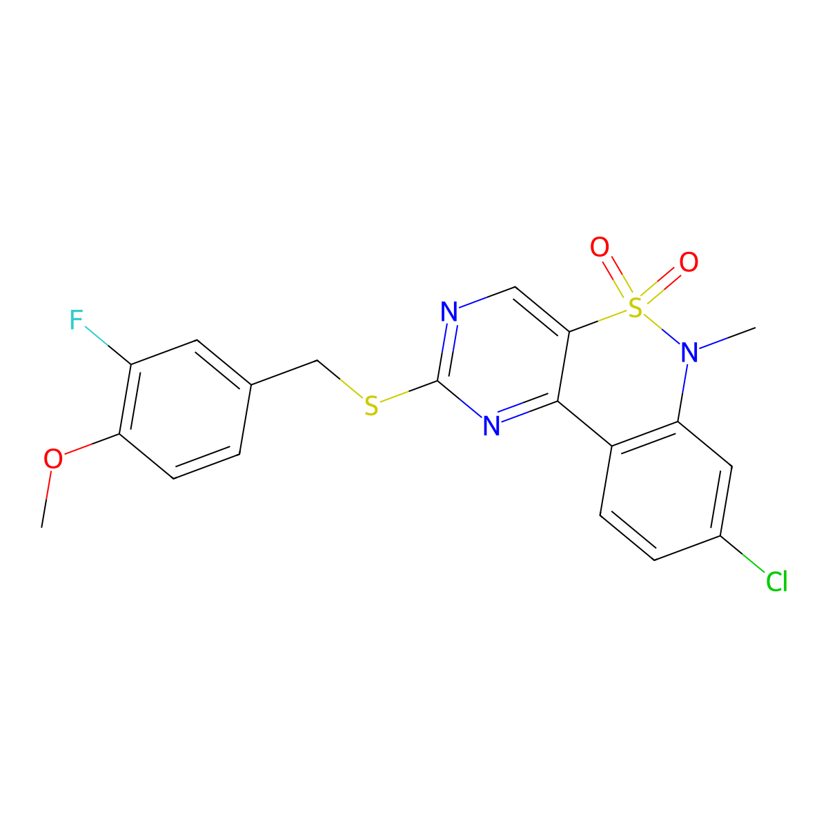 8-chloro-2-[(3-fluoro-4-methoxybenzyl)sulfanyl]-6-methyl-6H-pyrimido[5,4-c][2,1]benzothiazine 5,5-dioxide molecular structure, CAS 1326806-45-4