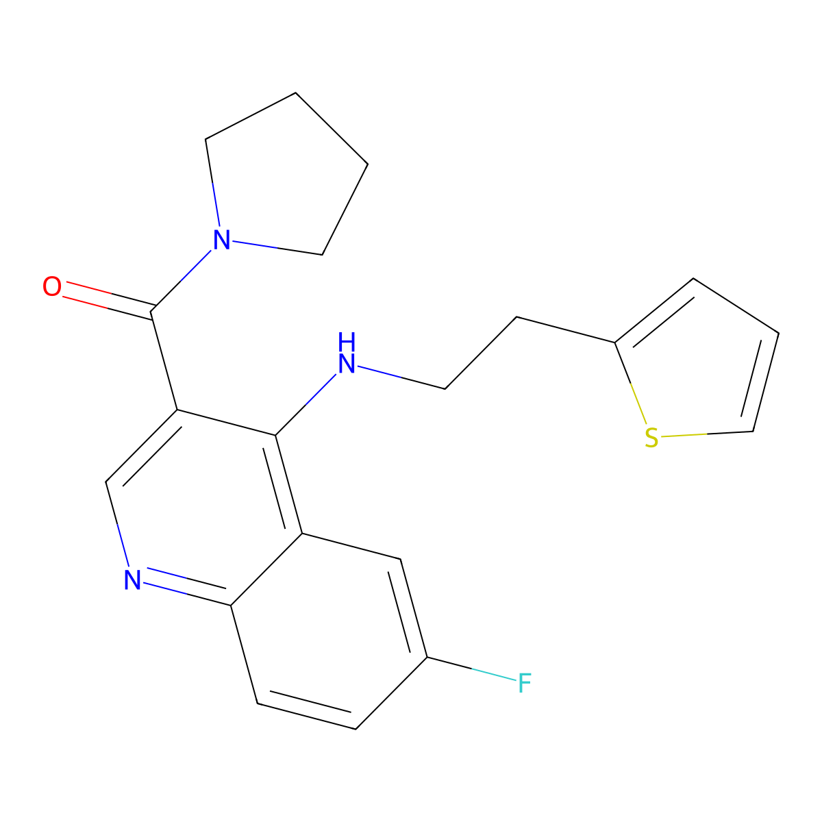 (6-Fluoro-4-((2-(thiophen-2-yl)ethyl)amino)quinolin-3-yl)(pyrrolidin-1-yl)methanone molecular structure, CAS 1326806-79-4