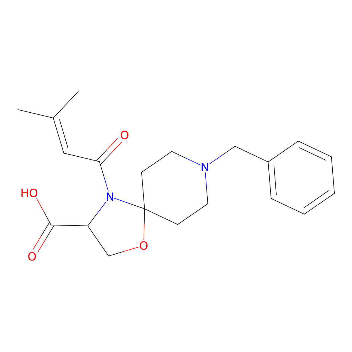 8-Benzyl-4-(3-methylbut-2-enoyl)-1-oxa-4,8-diazaspiro[4.5]decane-3-carboxylic acid molecular structure, CAS 1326811-59-9