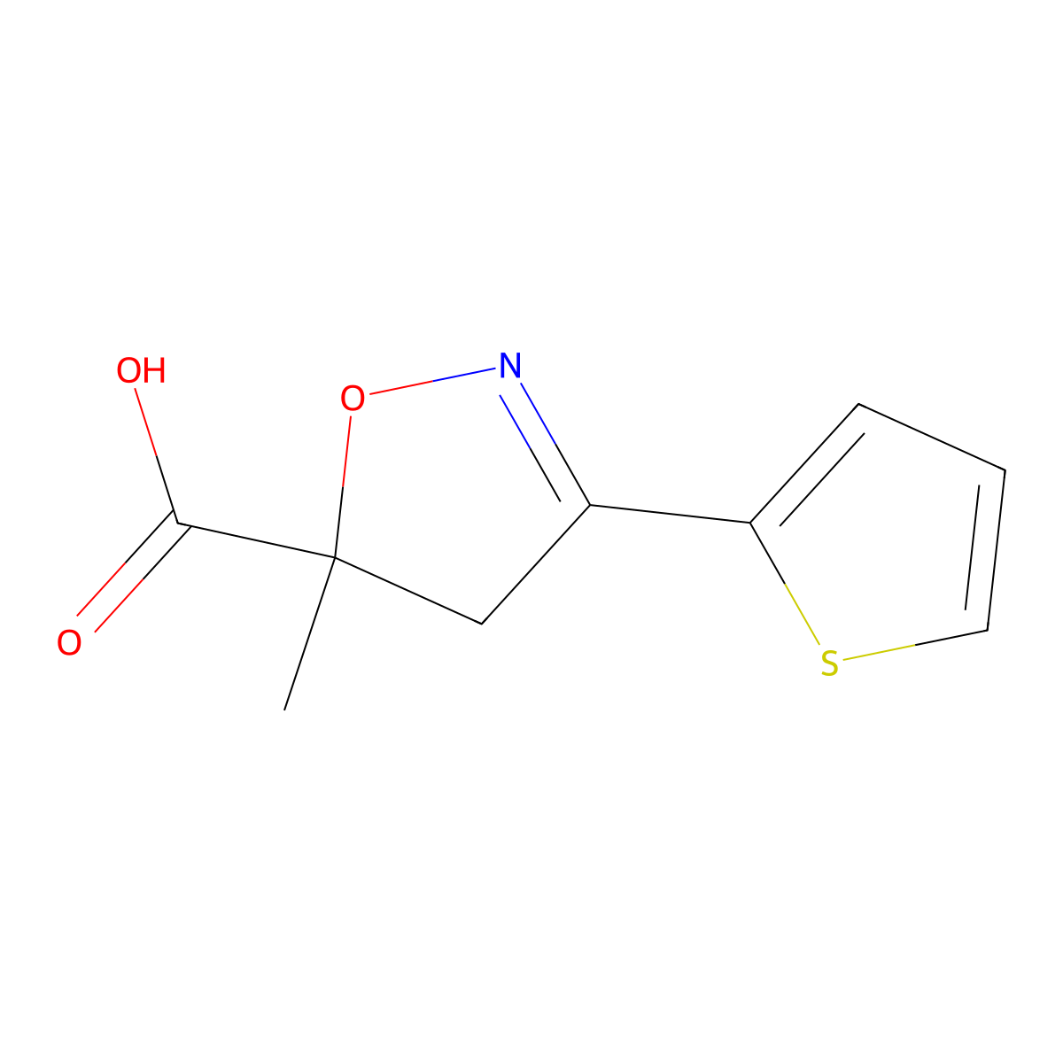 5-Methyl-3-(thiophen-2-yl)-4,5-dihydroisoxazole-5-carboxylic acid molecular structure, CAS 1326813-29-9