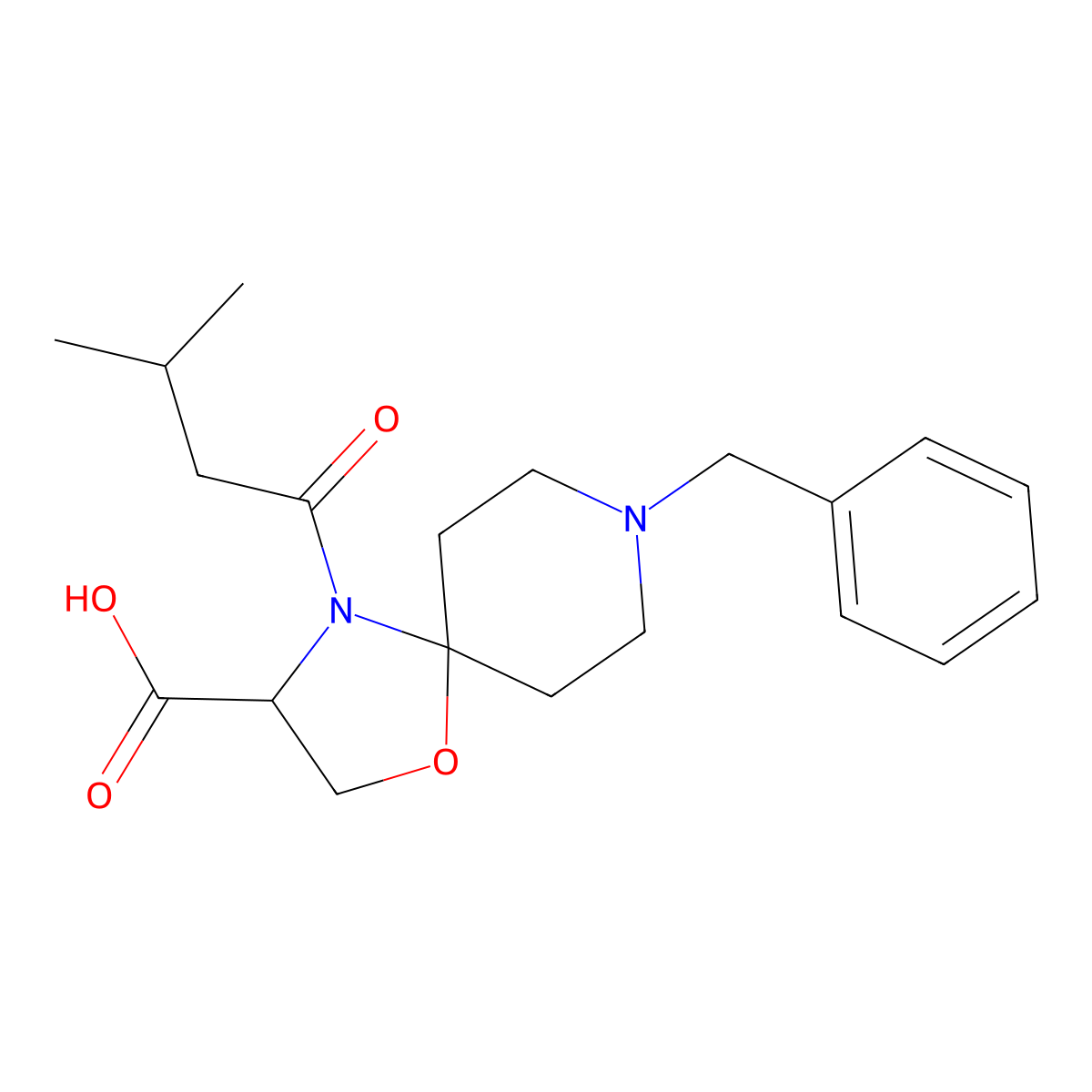 8-Benzyl-4-(3-methylbutanoyl)-1-oxa-4,8-diazaspiro[4.5]decane-3-carboxylic acid molecular structure, CAS 1326813-30-2