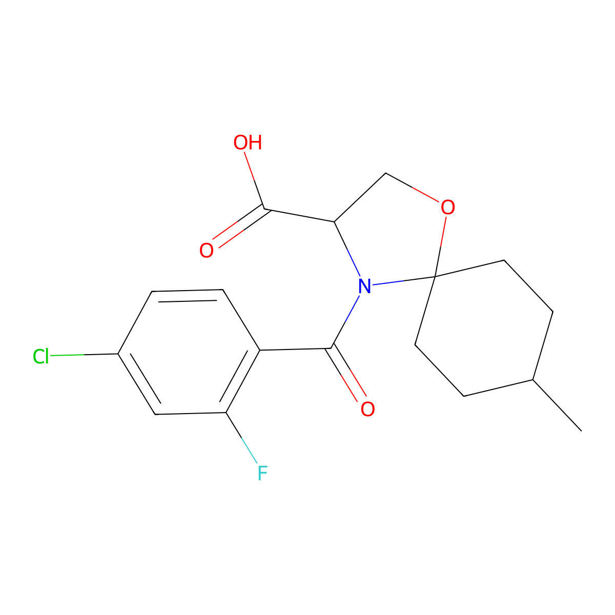 4-(4-Chloro-2-fluorobenzoyl)-8-methyl-1-oxa-4-azaspiro[4.5]decane-3-carboxylic acid molecular structure, CAS 1326814-00-9