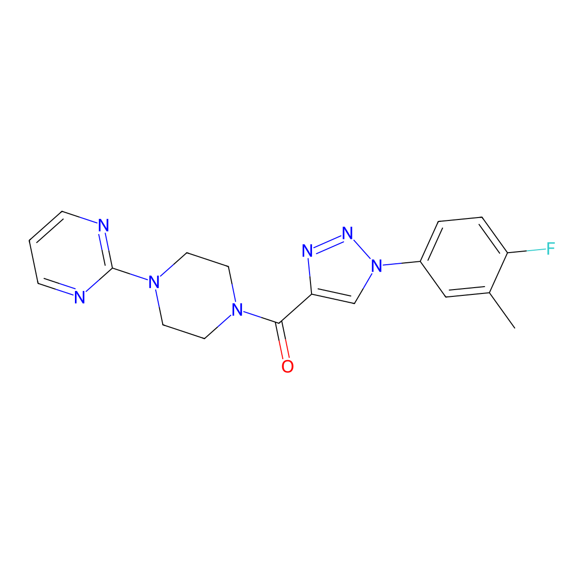 (1-(4-fluoro-3-methylphenyl)-1H-1,2,3-triazol-4-yl)(4-(pyrimidin-2-yl)piperazin-1-yl)methanone molecular structure, CAS 1326816-12-9