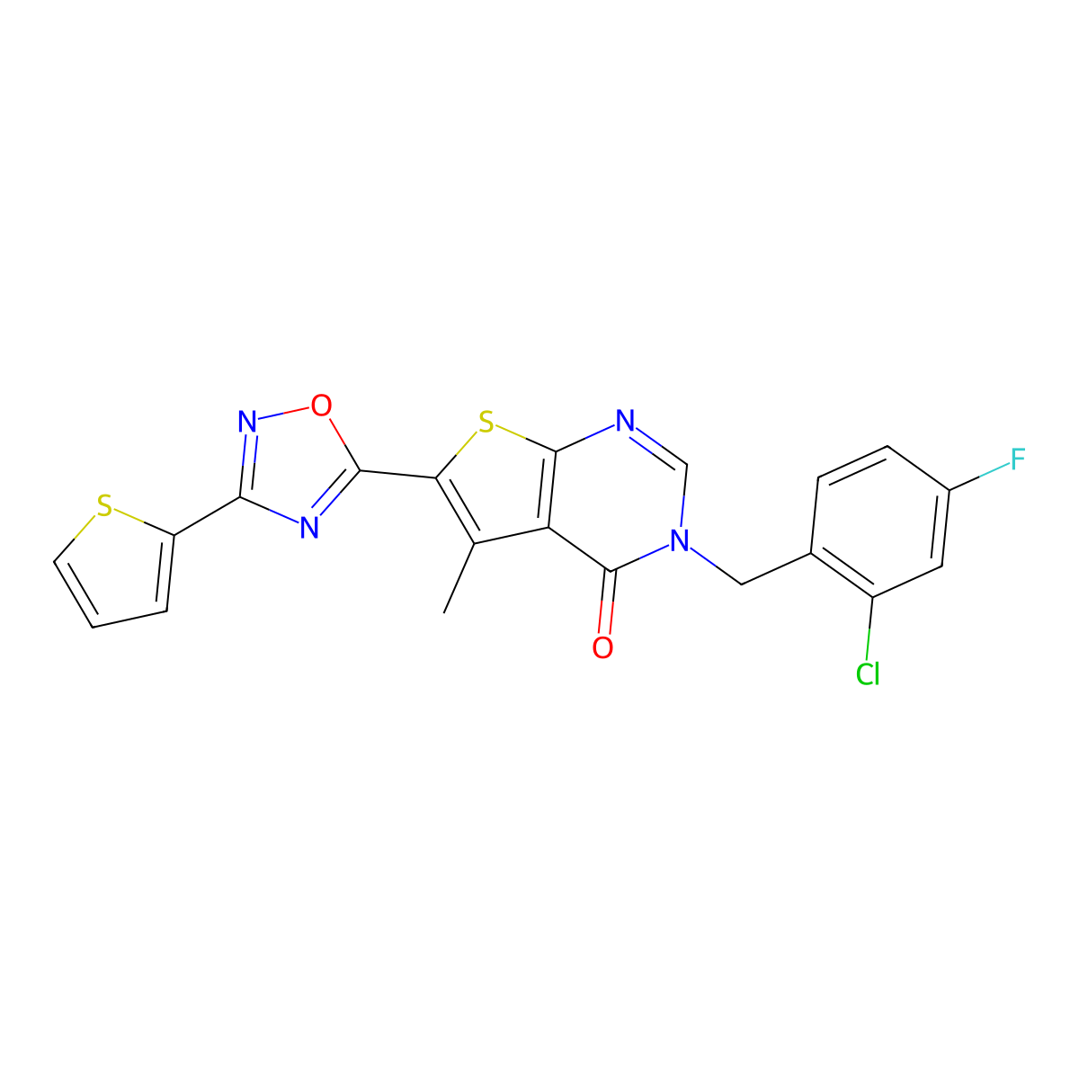 3-(2-chloro-4-fluorobenzyl)-5-methyl-6-[3-(thiophen-2-yl)-1,2,4-oxadiazol-5-yl]thieno[2,3-d]pyrimidin-4(3H)-one molecular structure, CAS 1326822-34-7