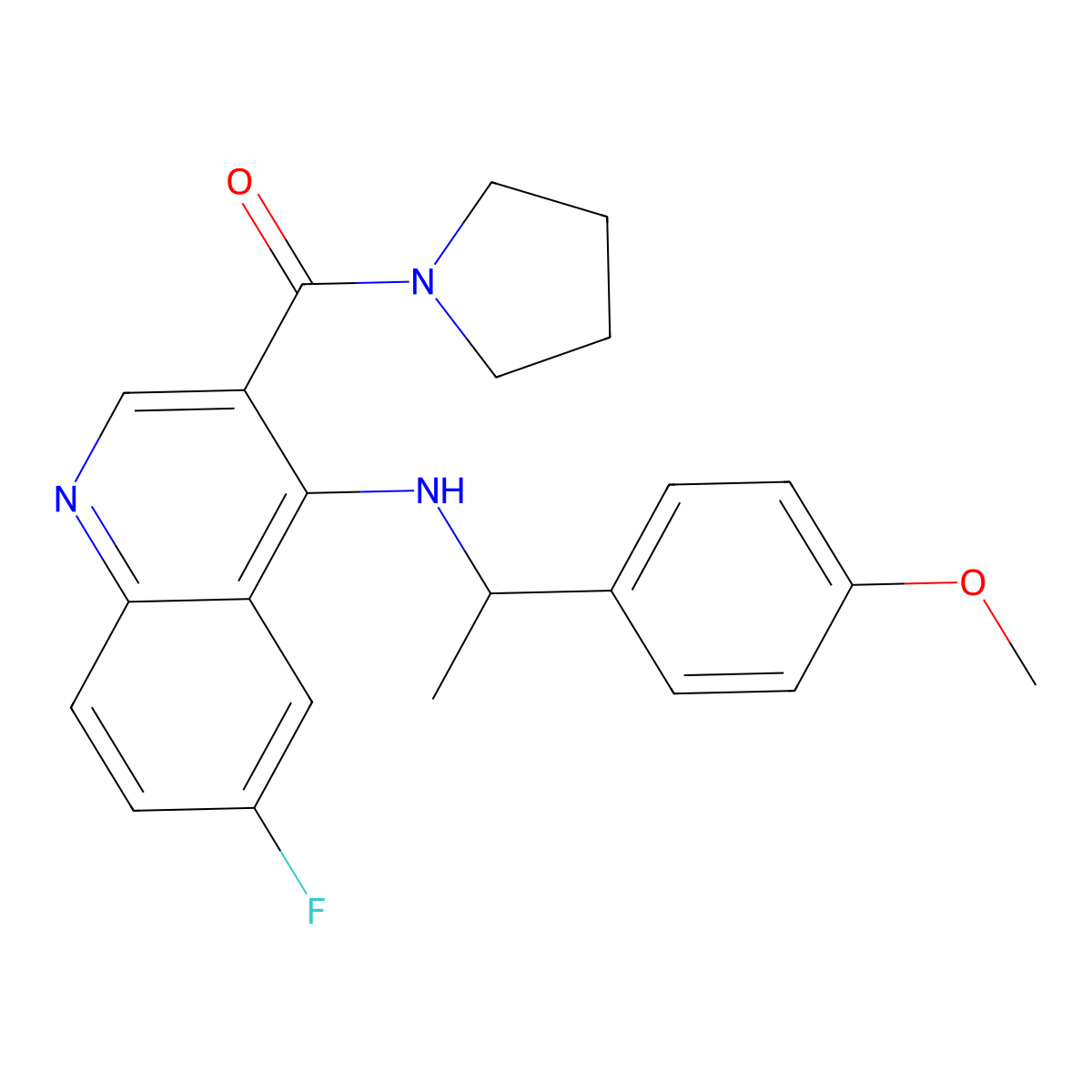 (6-Fluoro-4-((1-(4-methoxyphenyl)ethyl)amino)quinolin-3-yl)(pyrrolidin-1-yl)methanone molecular structure, CAS 1326831-23-5