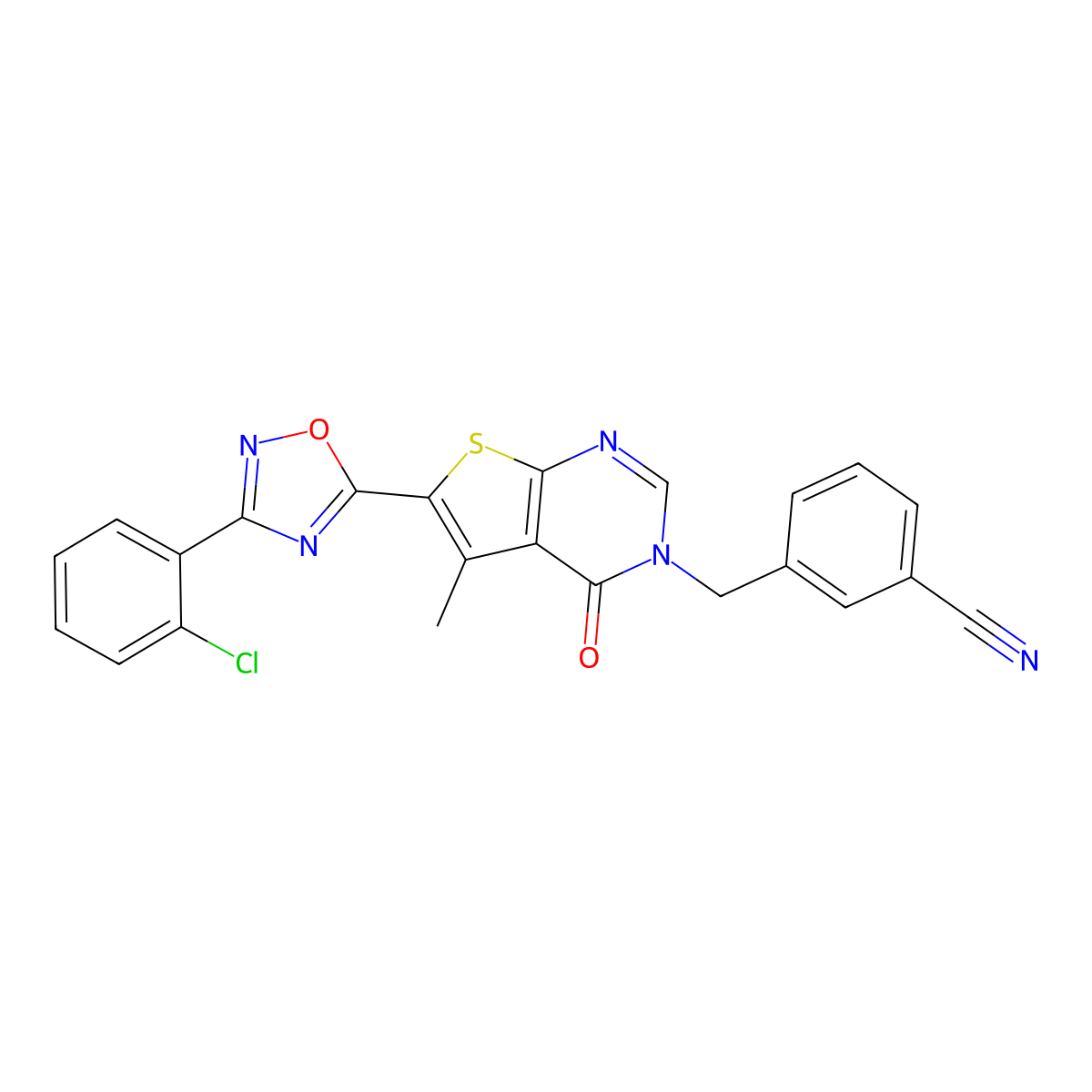 3-((6-(3-(2-chlorophenyl)-1,2,4-oxadiazol-5-yl)-5-methyl-4-oxothieno[2,3-d]pyrimidin-3(4H)-yl)methyl)benzonitrile molecular structure, CAS 1326832-82-9