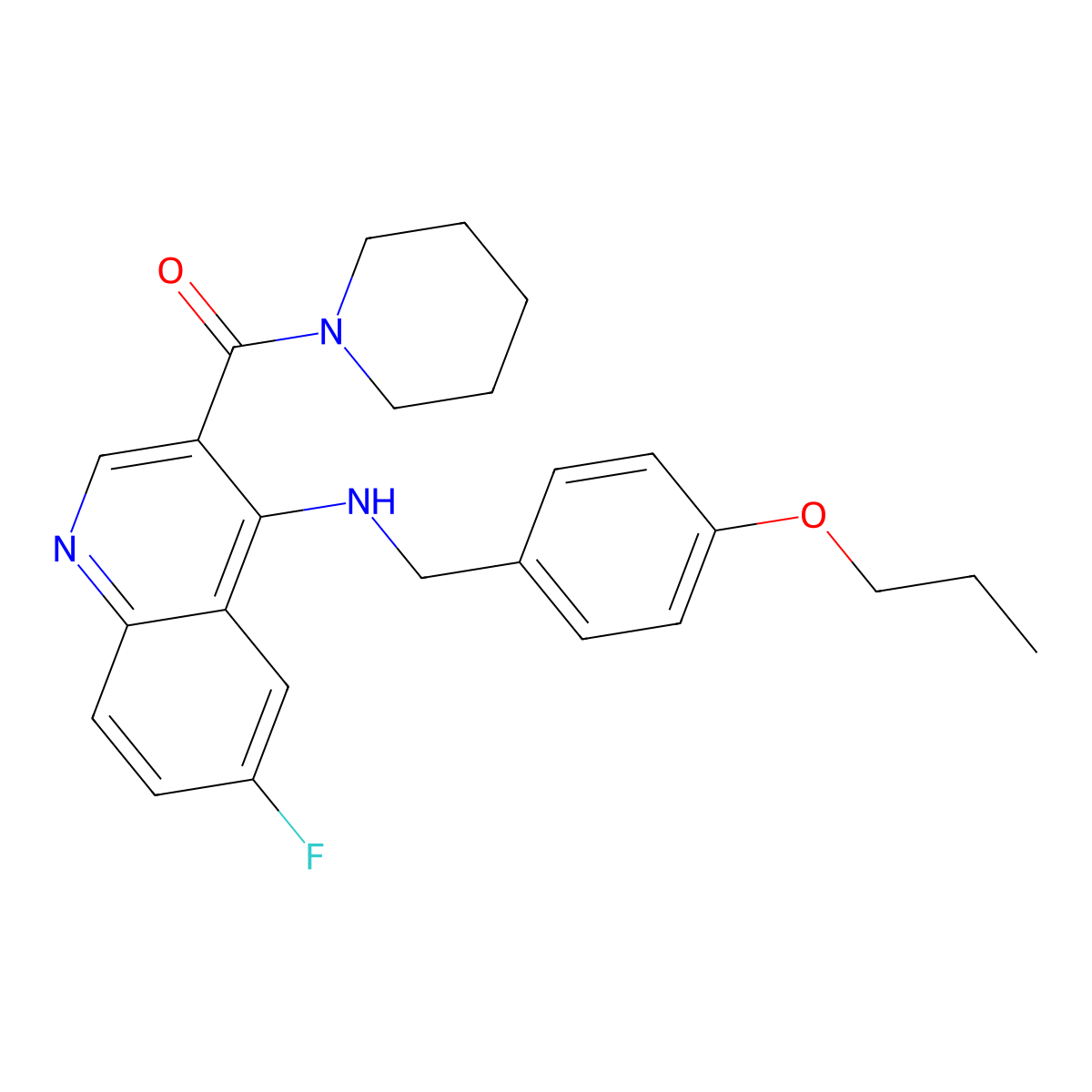 (6-Fluoro-4-((4-propoxybenzyl)amino)quinolin-3-yl)(piperidin-1-yl)methanone molecular structure, CAS 1326833-67-3