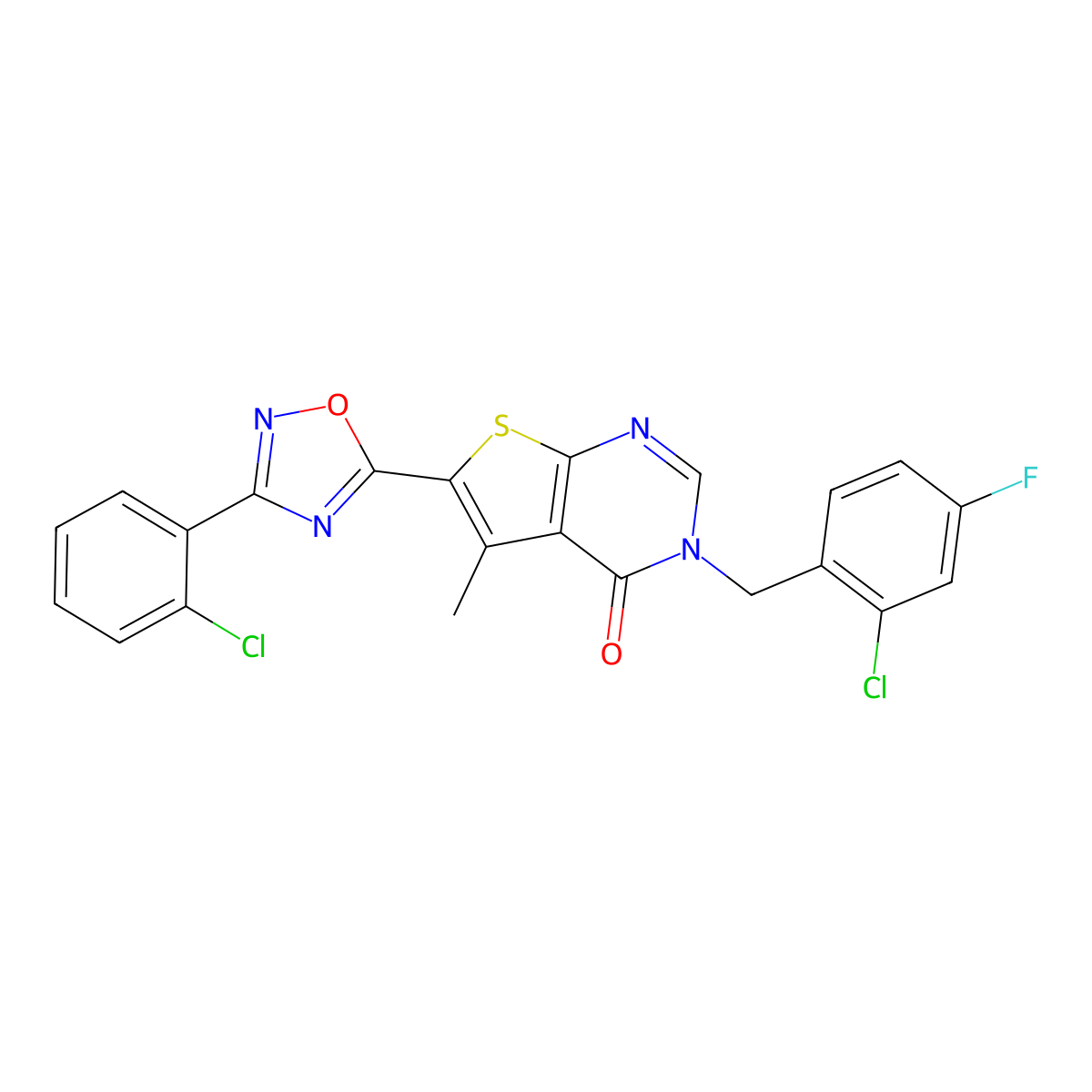 3-(2-chloro-4-fluorobenzyl)-6-(3-(2-chlorophenyl)-1,2,4-oxadiazol-5-yl)-5-methylthieno[2,3-d]pyrimidin-4(3H)-one molecular structure, CAS 1326834-65-4