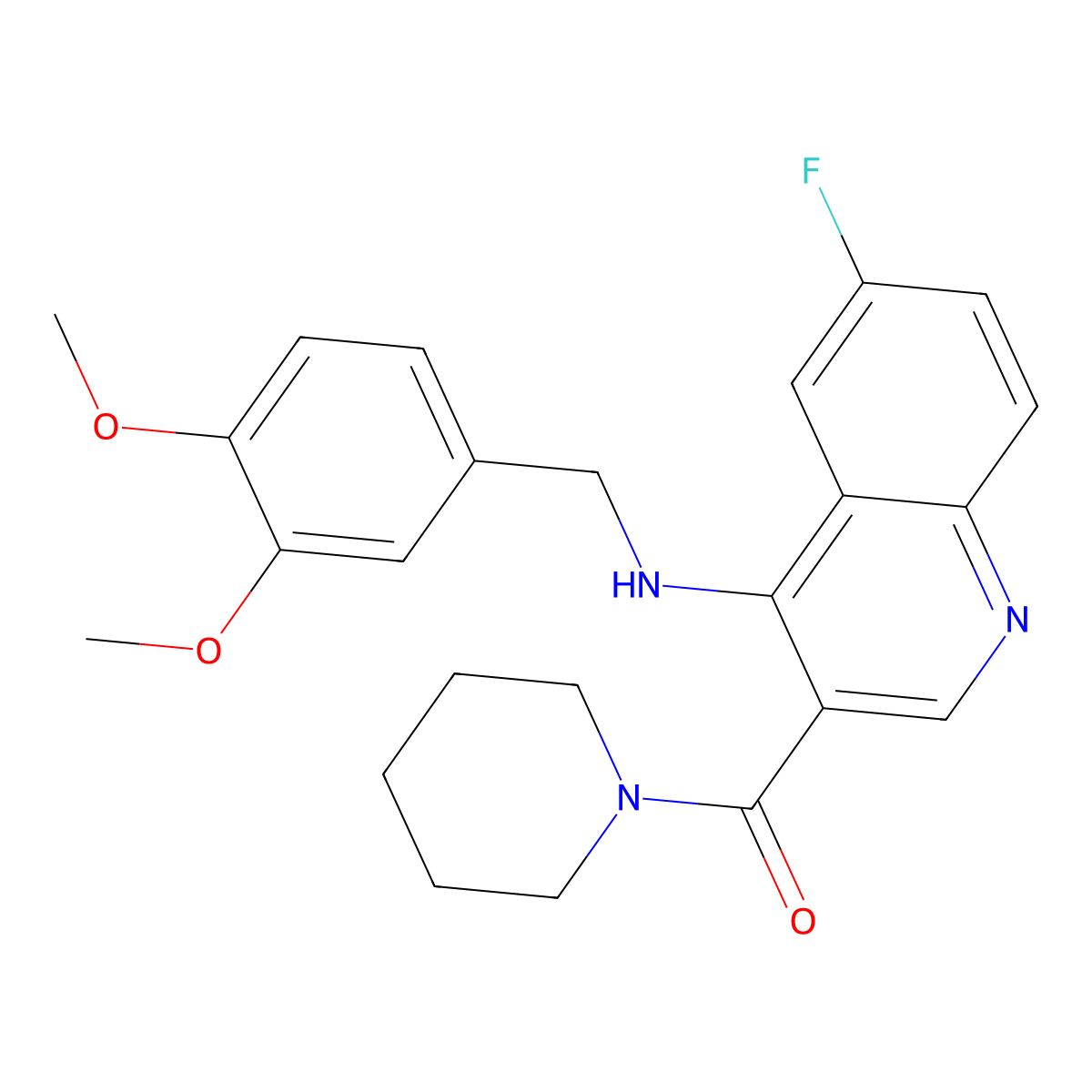 (4-((3,4-Dimethoxybenzyl)amino)-6-fluoroquinolin-3-yl)(piperidin-1-yl)methanone molecular structure, CAS 1326835-52-2