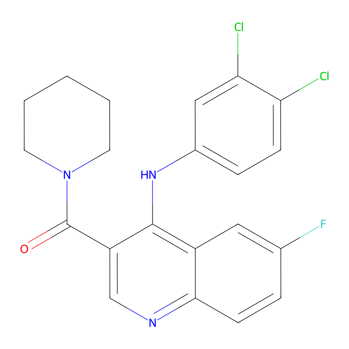 (4-((3,4-Dichlorophenyl)amino)-6-fluoroquinolin-3-yl)(piperidin-1-yl)methanone molecular structure, CAS 1326835-61-3