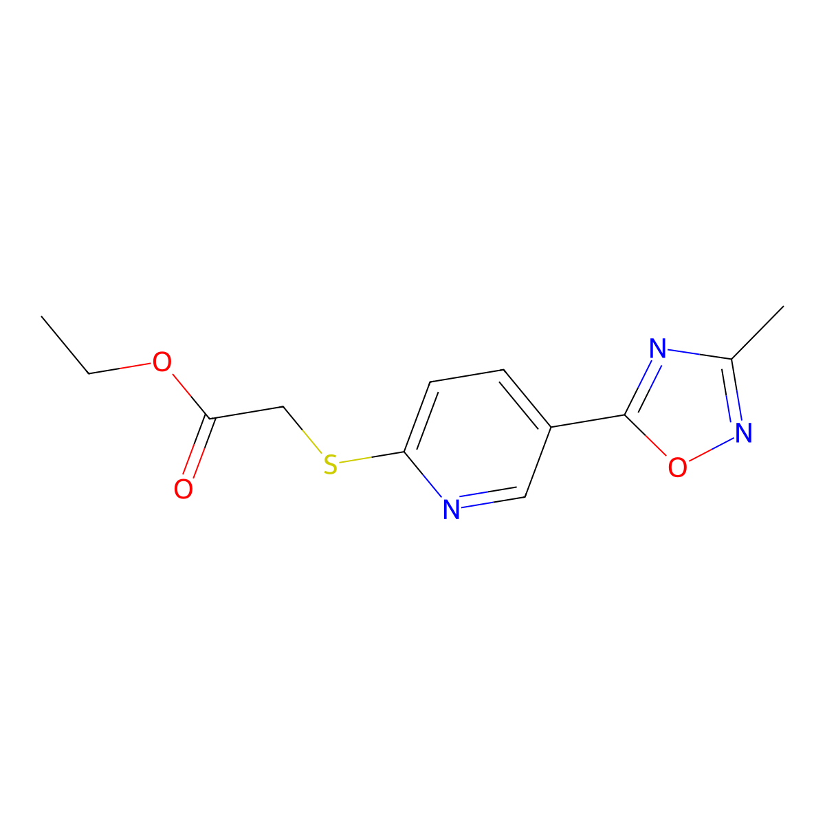 Ethyl {[5-(3-methyl-1,2,4-oxadiazol-5-yl)pyridin-2-yl]sulfanyl}acetate molecular structure, CAS 1326836-99-0