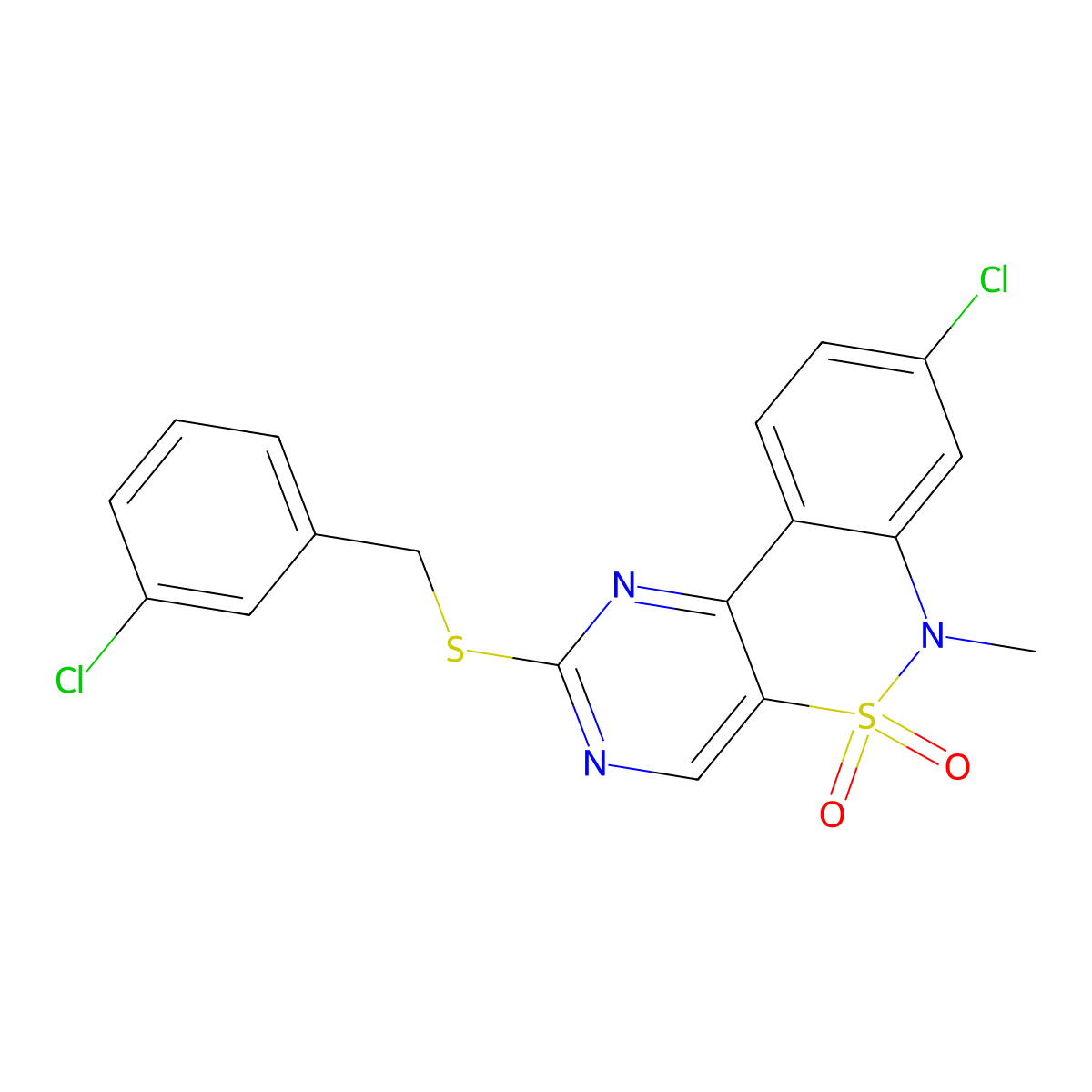 8-chloro-2-[(3-chlorobenzyl)sulfanyl]-6-methyl-6H-pyrimido[5,4-c][2,1]benzothiazine 5,5-dioxide molecular structure, CAS 1326837-96-0