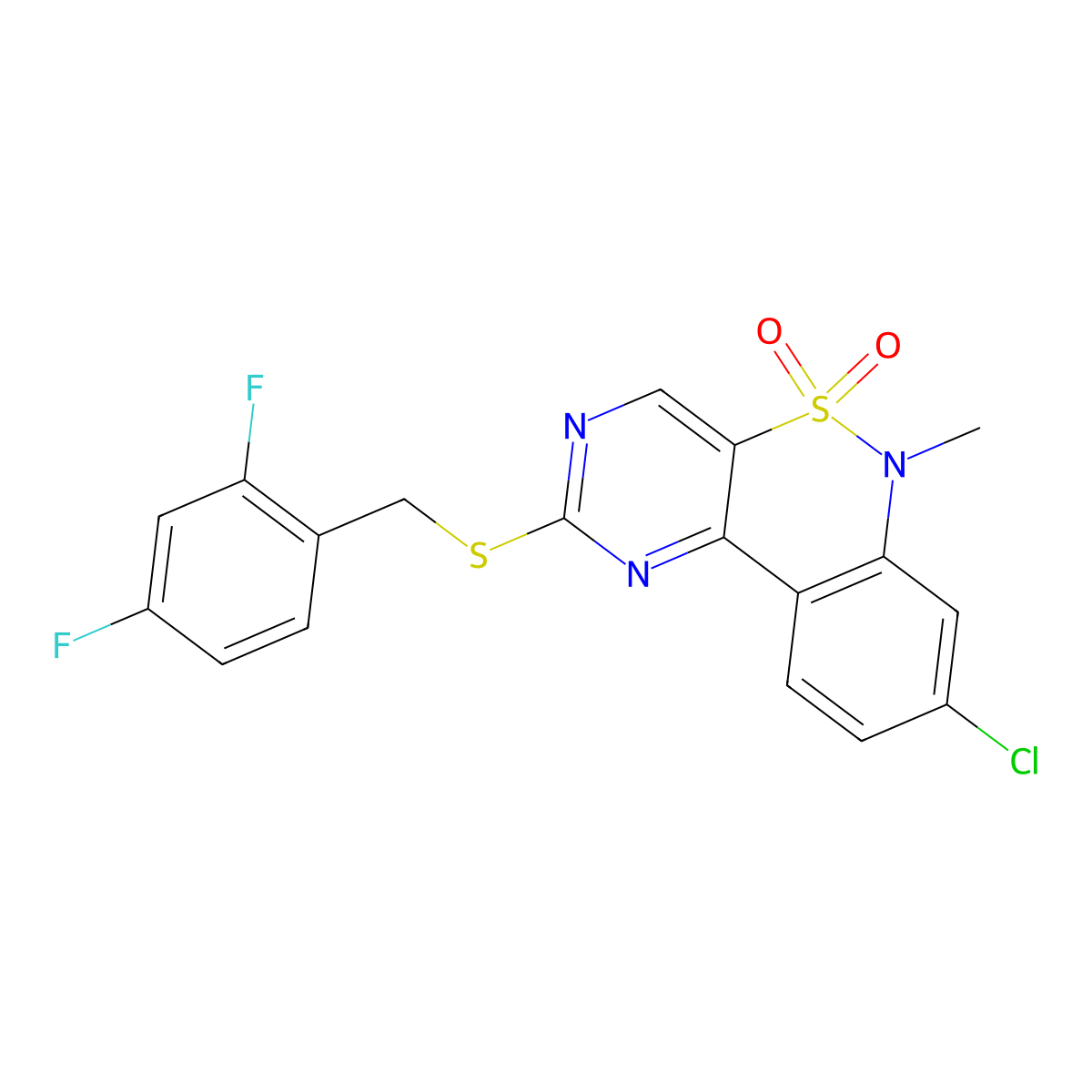 8-chloro-2-[(2,4-difluorobenzyl)sulfanyl]-6-methyl-6H-pyrimido[5,4-c][2,1]benzothiazine 5,5-dioxide molecular structure, CAS 1326838-00-9