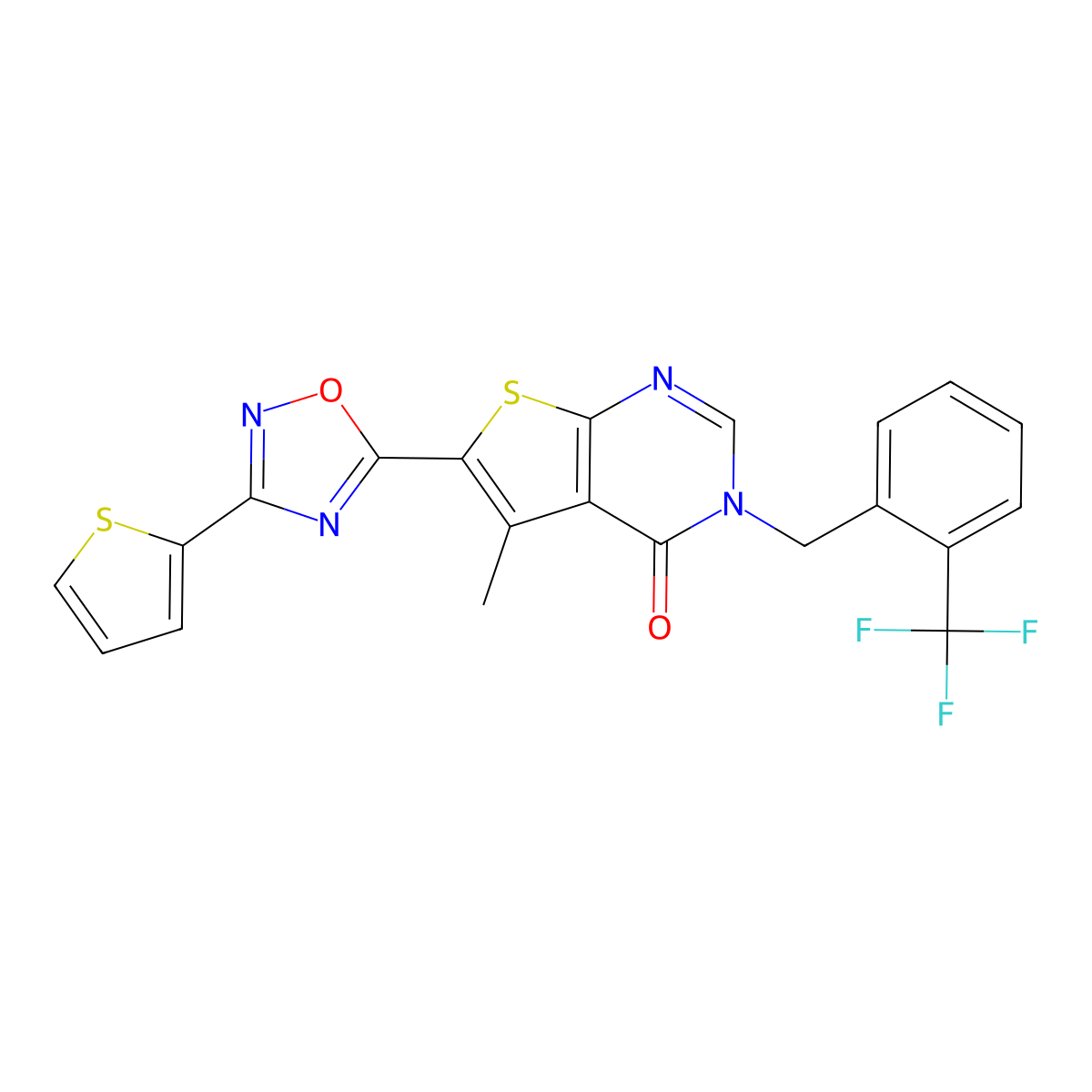 5-methyl-6-[3-(thiophen-2-yl)-1,2,4-oxadiazol-5-yl]-3-{[2-(trifluoromethyl)phenyl]methyl}-3H,4H-thieno[2,3-d]pyrimidin-4-one molecular structure, CAS 1326838-20-3