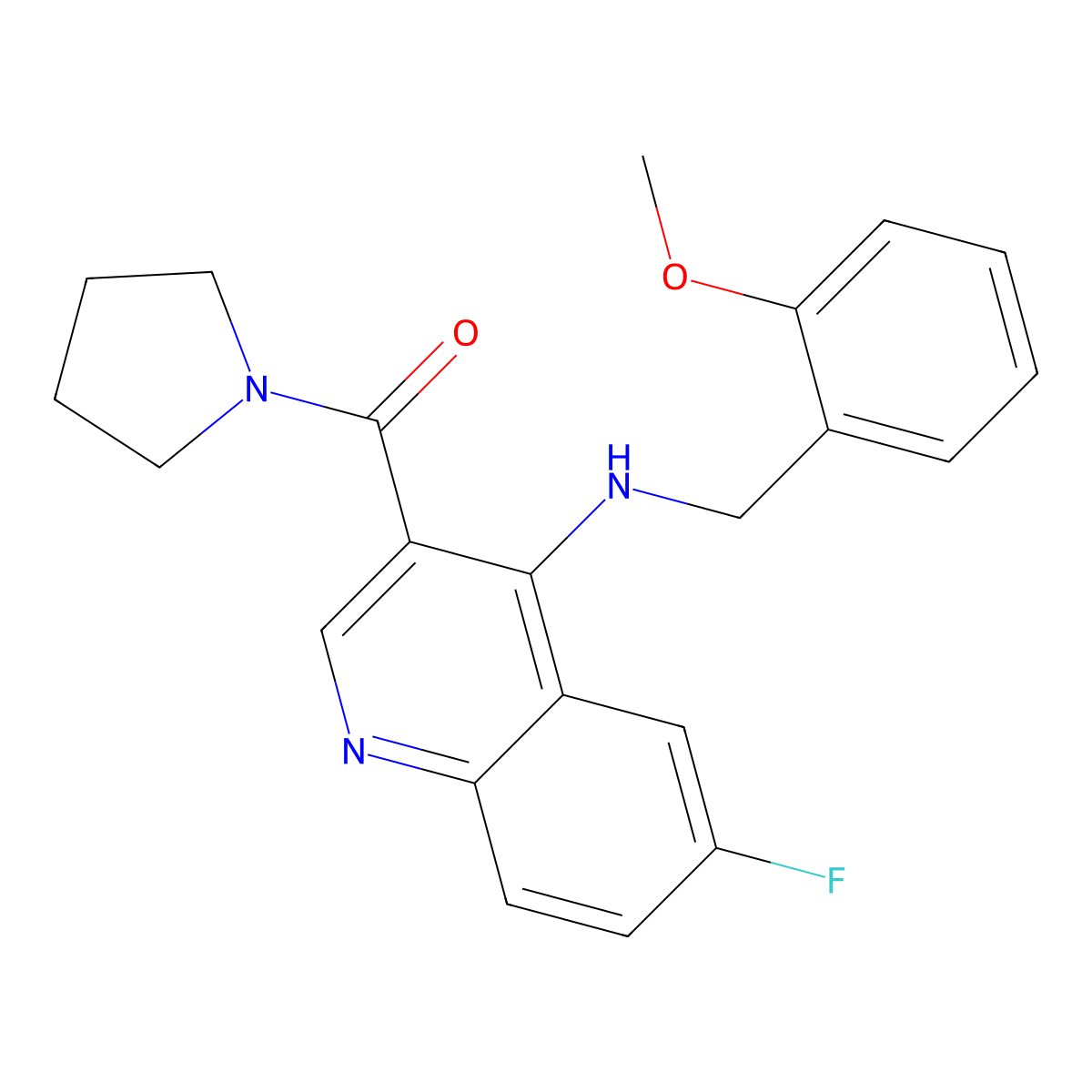 (6-Fluoro-4-((2-methoxybenzyl)amino)quinolin-3-yl)(pyrrolidin-1-yl)methanone molecular structure, CAS 1326838-79-2