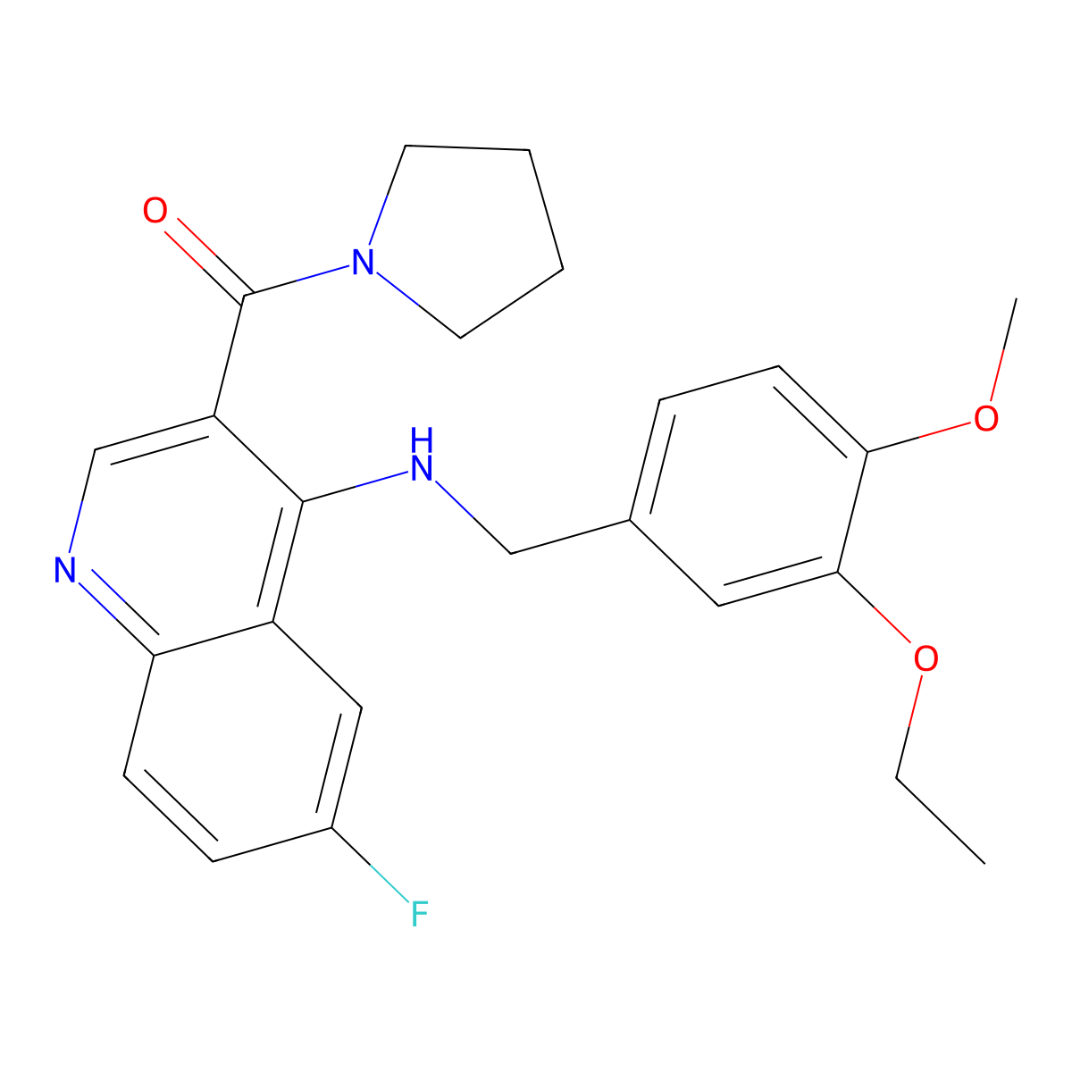 (4-((3-Ethoxy-4-methoxybenzyl)amino)-6-fluoroquinolin-3-yl)(pyrrolidin-1-yl)methanone molecular structure, CAS 1326838-86-1