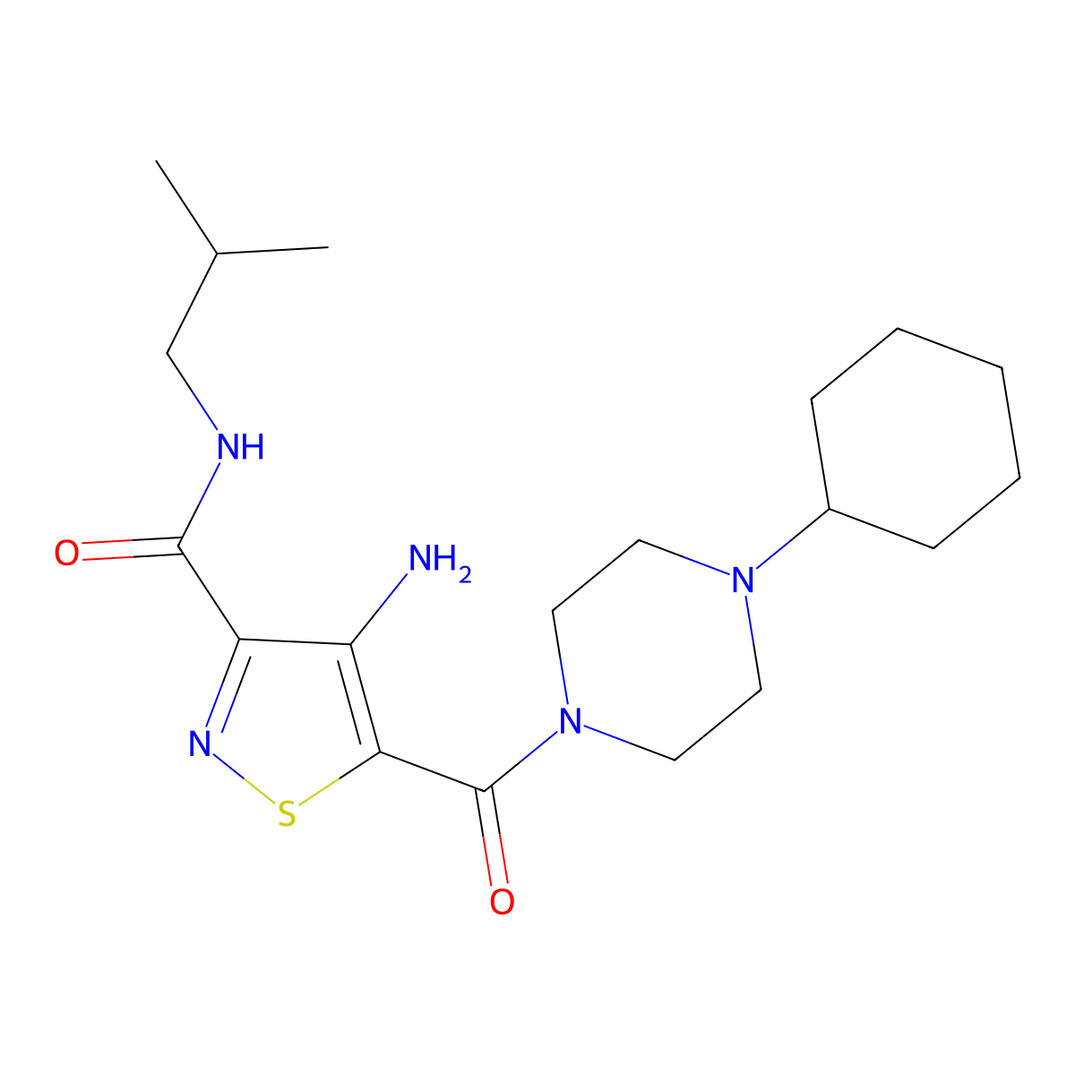 4-amino-5-[(4-cyclohexylpiperazin-1-yl)carbonyl]-N-isobutylisothiazole-3-carboxamide molecular structure, CAS 1326839-67-1