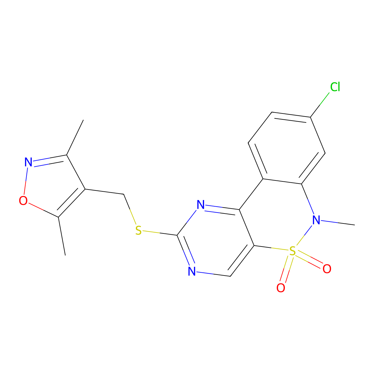 8-chloro-2-{[(3,5-dimethyl-1,2-oxazol-4-yl)methyl]sulfanyl}-6-methyl-6H-pyrimido[5,4-c][2,1]benzothiazine 5,5-dioxide molecular structure, CAS 1326843-03-1