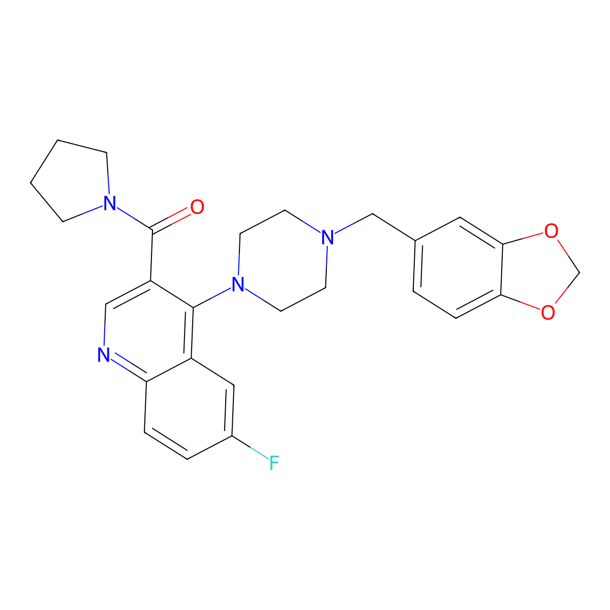 {4-[4-(1,3-Benzodioxol-5-ylmethyl)piperazin-1-yl]-6-fluoroquinolin-3-yl}(pyrrolidin-1-yl)methanone molecular structure, CAS 1326844-84-1