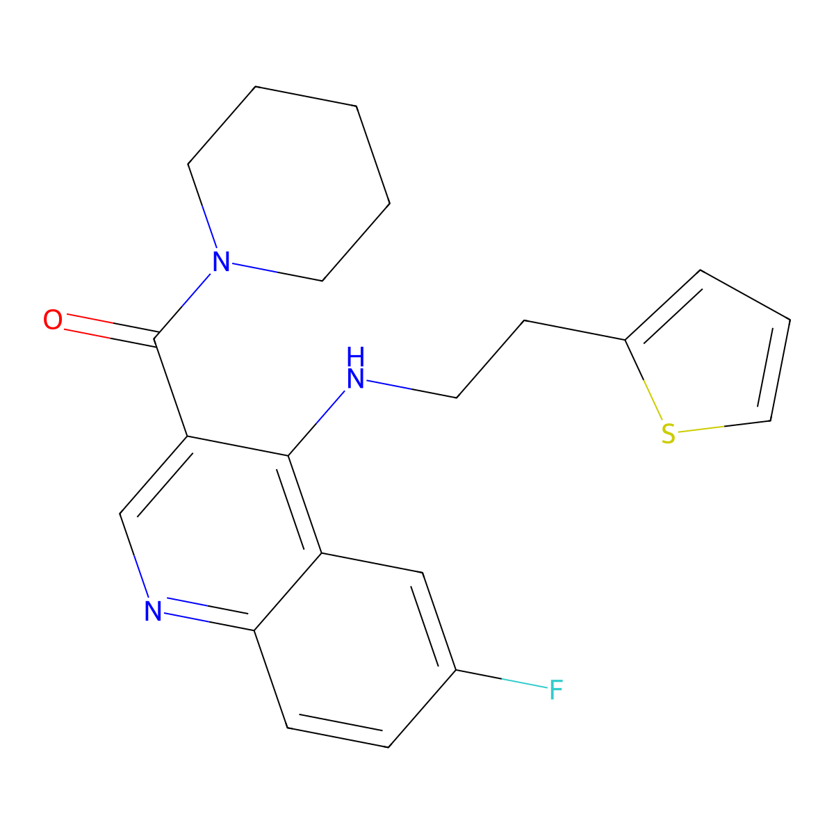 (6-Fluoro-4-((2-(thiophen-2-yl)ethyl)amino)quinolin-3-yl)(piperidin-1-yl)methanone molecular structure, CAS 1326845-28-6