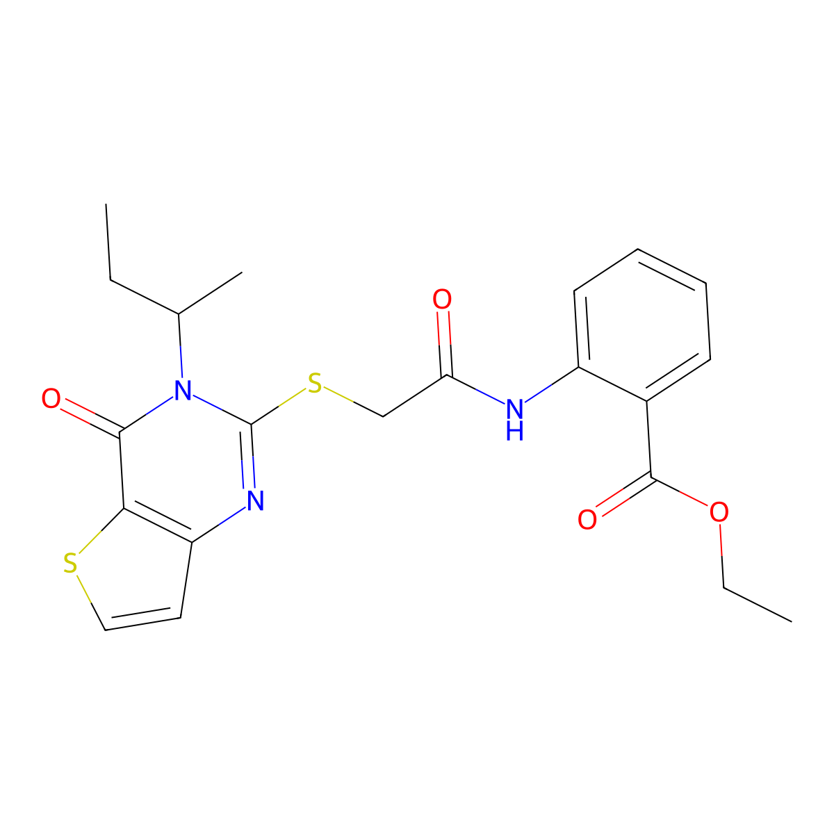 Ethyl 2-(2-((3-(sec-butyl)-4-oxo-3,4-dihydrothieno[3,2-d]pyrimidin-2-yl)thio)acetamido)benzoate molecular structure, CAS 1326850-42-3