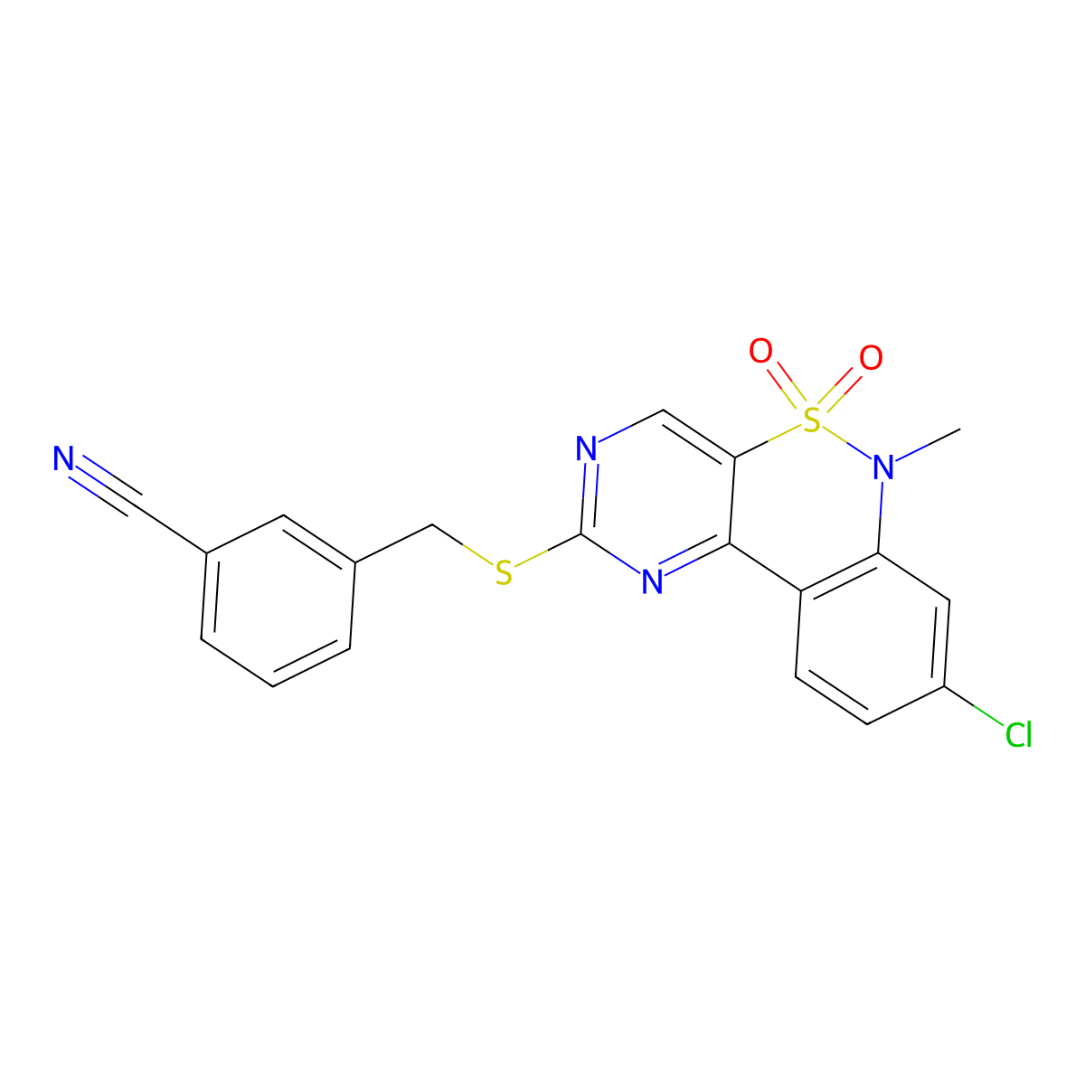 3-{[(8-chloro-6-methyl-5,5-dioxido-6H-pyrimido[5,4-c][2,1]benzothiazin-2-yl)sulfanyl]methyl}benzonitrile molecular structure, CAS 1326851-92-6
