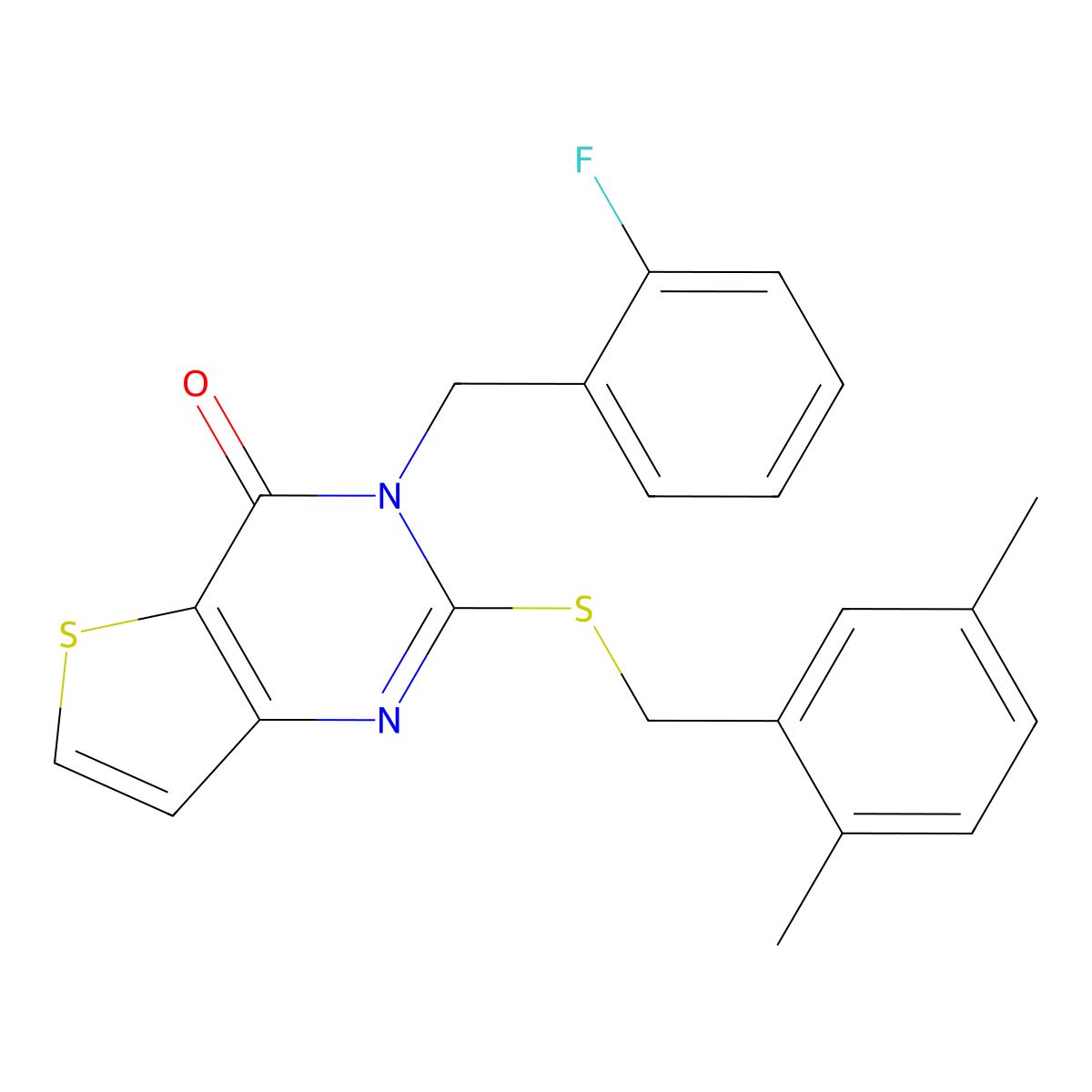2-[(2,5-dimethylbenzyl)sulfanyl]-3-(2-fluorobenzyl)thieno[3,2-d]pyrimidin-4(3H)-one molecular structure, CAS 1326853-32-0