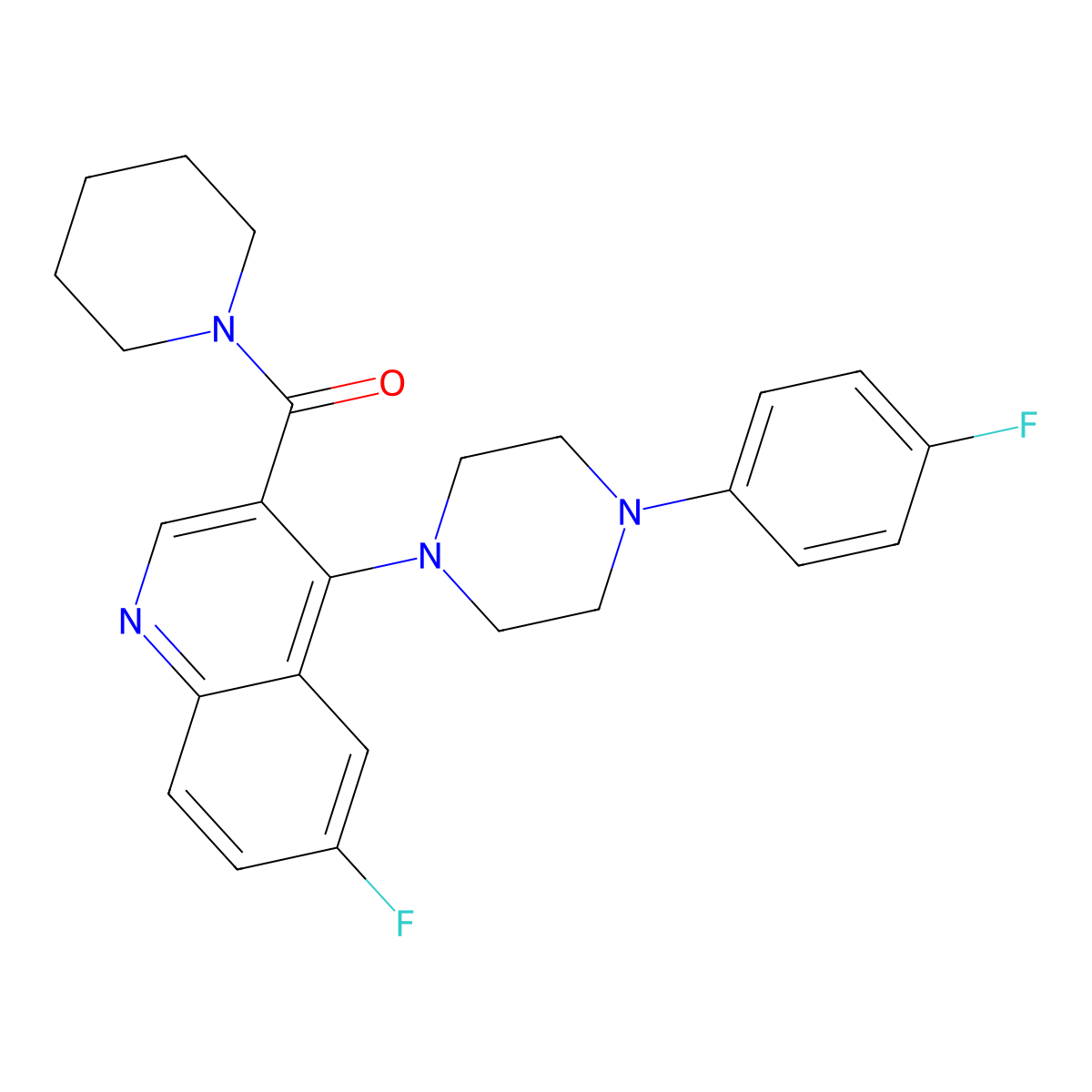 (6-Fluoro-4-(4-(4-fluorophenyl)piperazin-1-yl)quinolin-3-yl)(piperidin-1-yl)methanone molecular structure, CAS 1326853-41-1