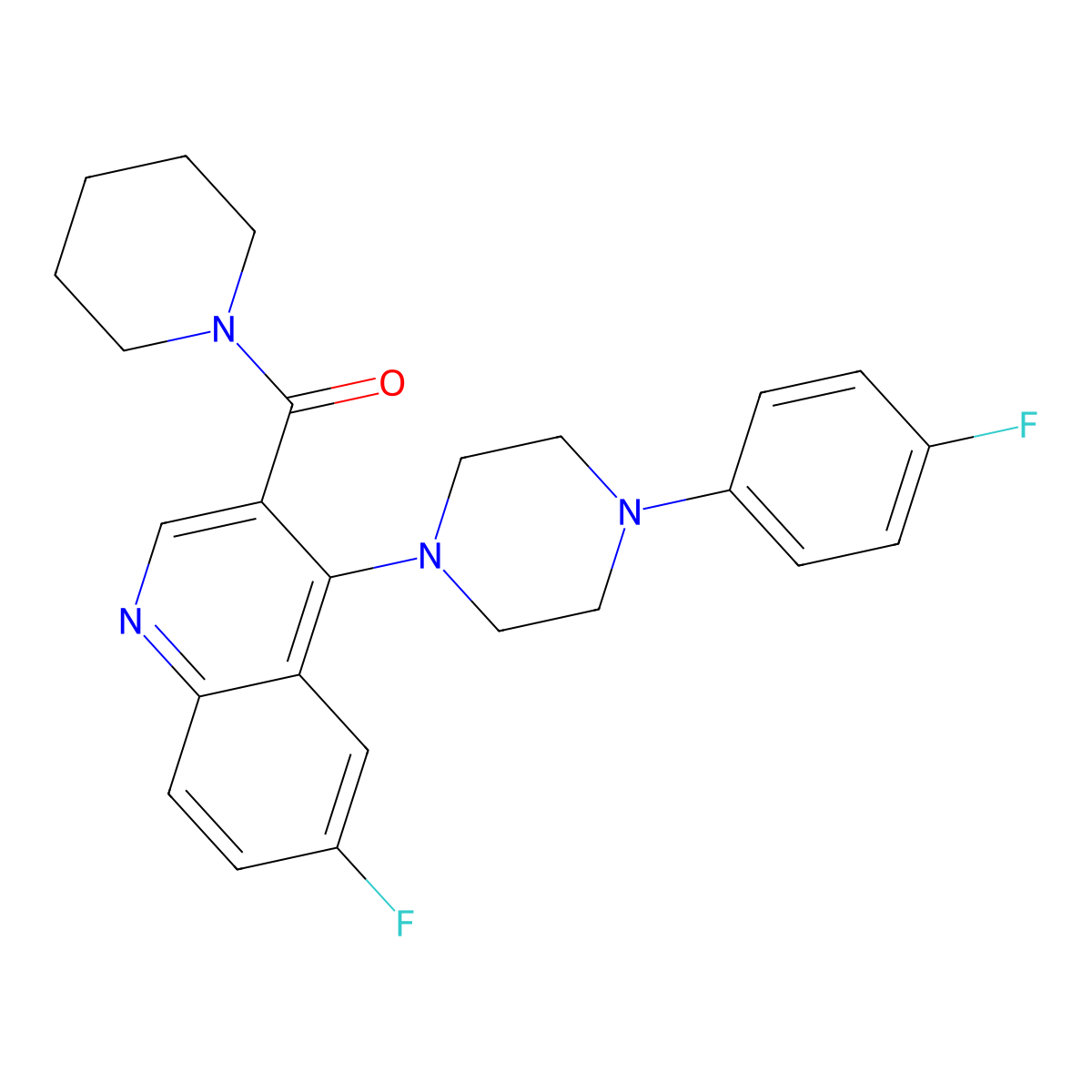 (6-Fluoro-4-(4-(4-fluorophenyl)piperazin-1-yl)quinolin-3-yl)(piperidin-1-yl)methanone molecular structure, CAS 1326853-41-1
