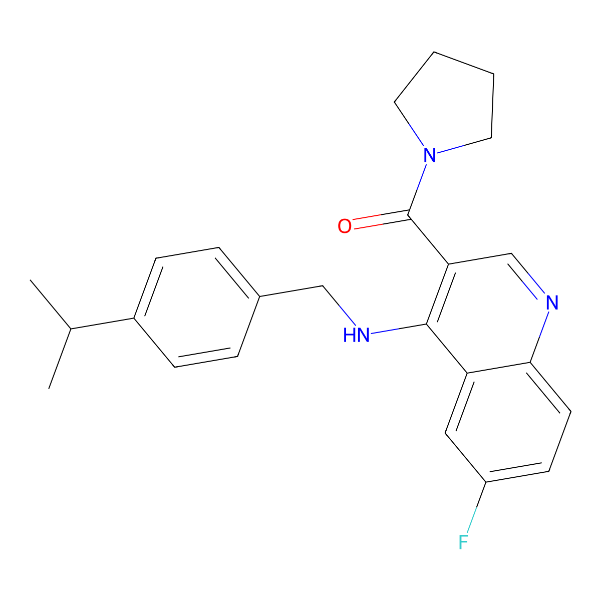 (6-Fluoro-4-{[4-(propan-2-yl)benzyl]amino}quinolin-3-yl)(pyrrolidin-1-yl)methanone molecular structure, CAS 1326853-44-4