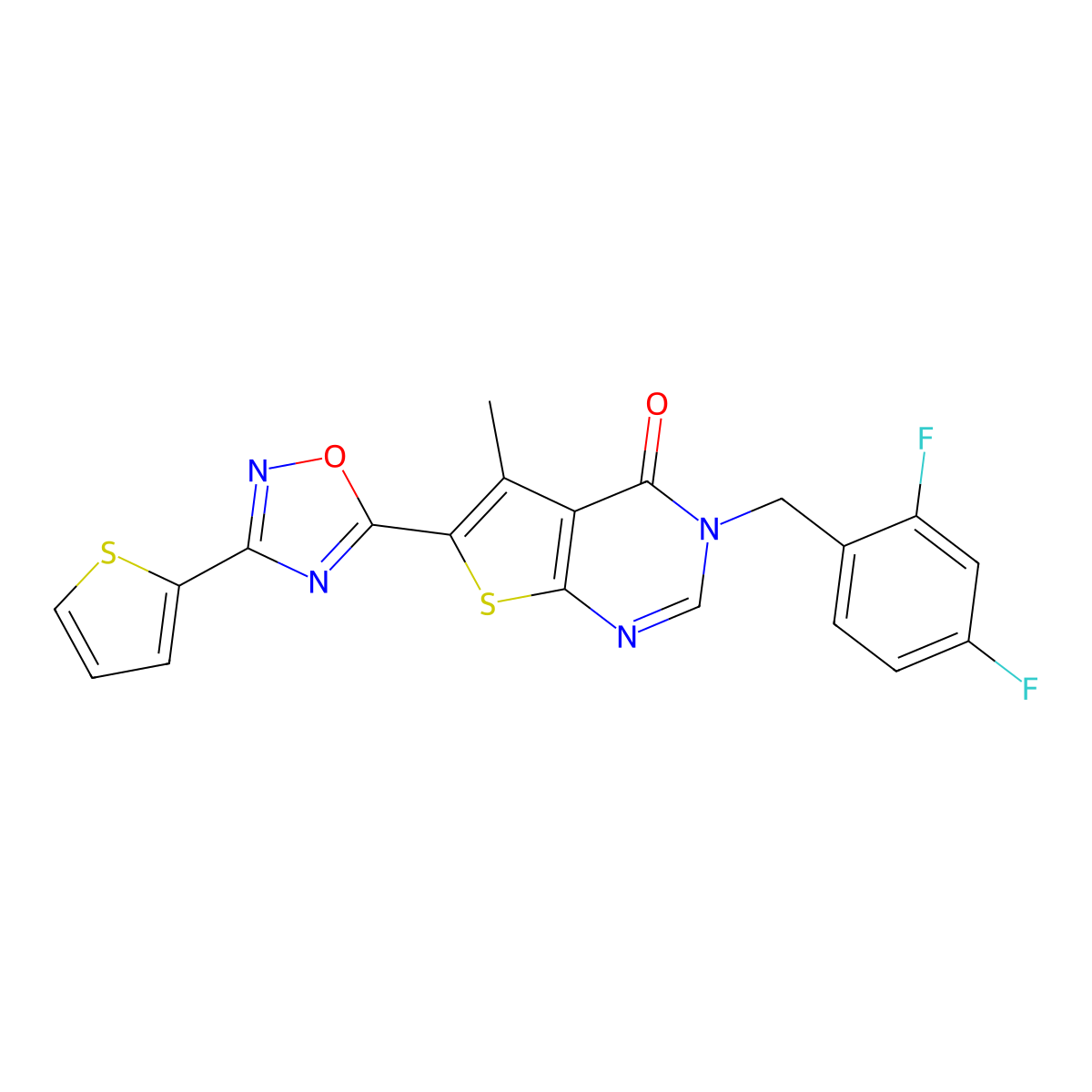 3-(2,4-difluorobenzyl)-5-methyl-6-[3-(thiophen-2-yl)-1,2,4-oxadiazol-5-yl]thieno[2,3-d]pyrimidin-4(3H)-one molecular structure, CAS 1326853-81-9