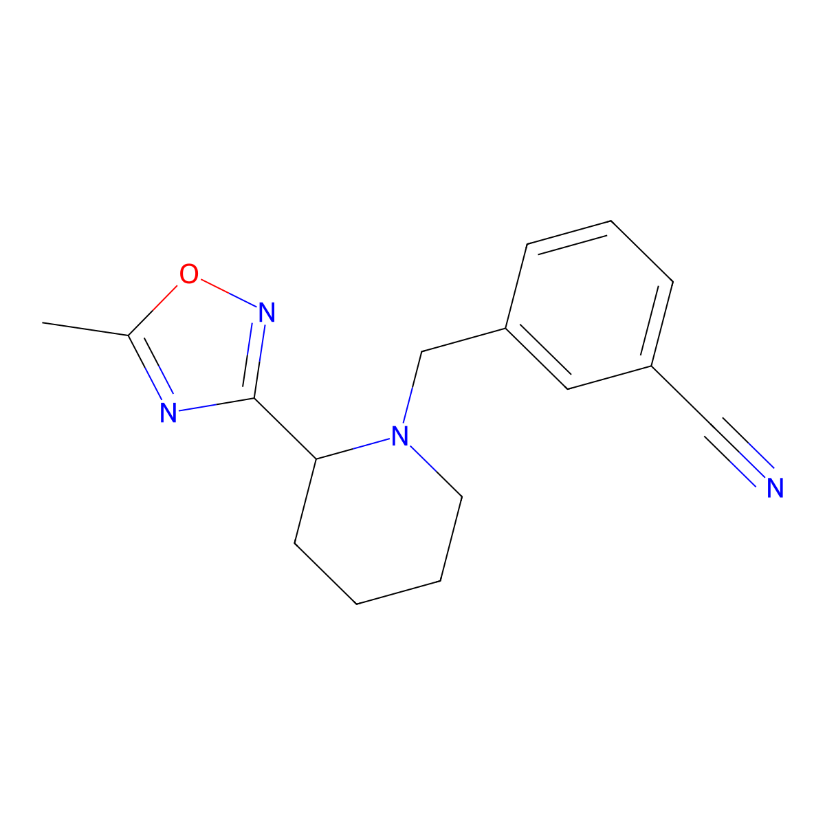 3-{[2-(5-Methyl-1,2,4-oxadiazol-3-yl)piperidin-1-yl]methyl}benzonitrile molecular structure, CAS 1326860-41-6