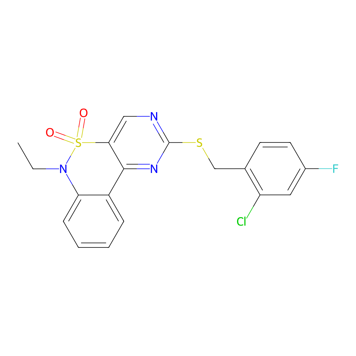 2-[(2-chloro-4-fluorobenzyl)sulfanyl]-6-ethyl-6H-pyrimido[5,4-c][2,1]benzothiazine 5,5-dioxide molecular structure, CAS 1326861-69-1