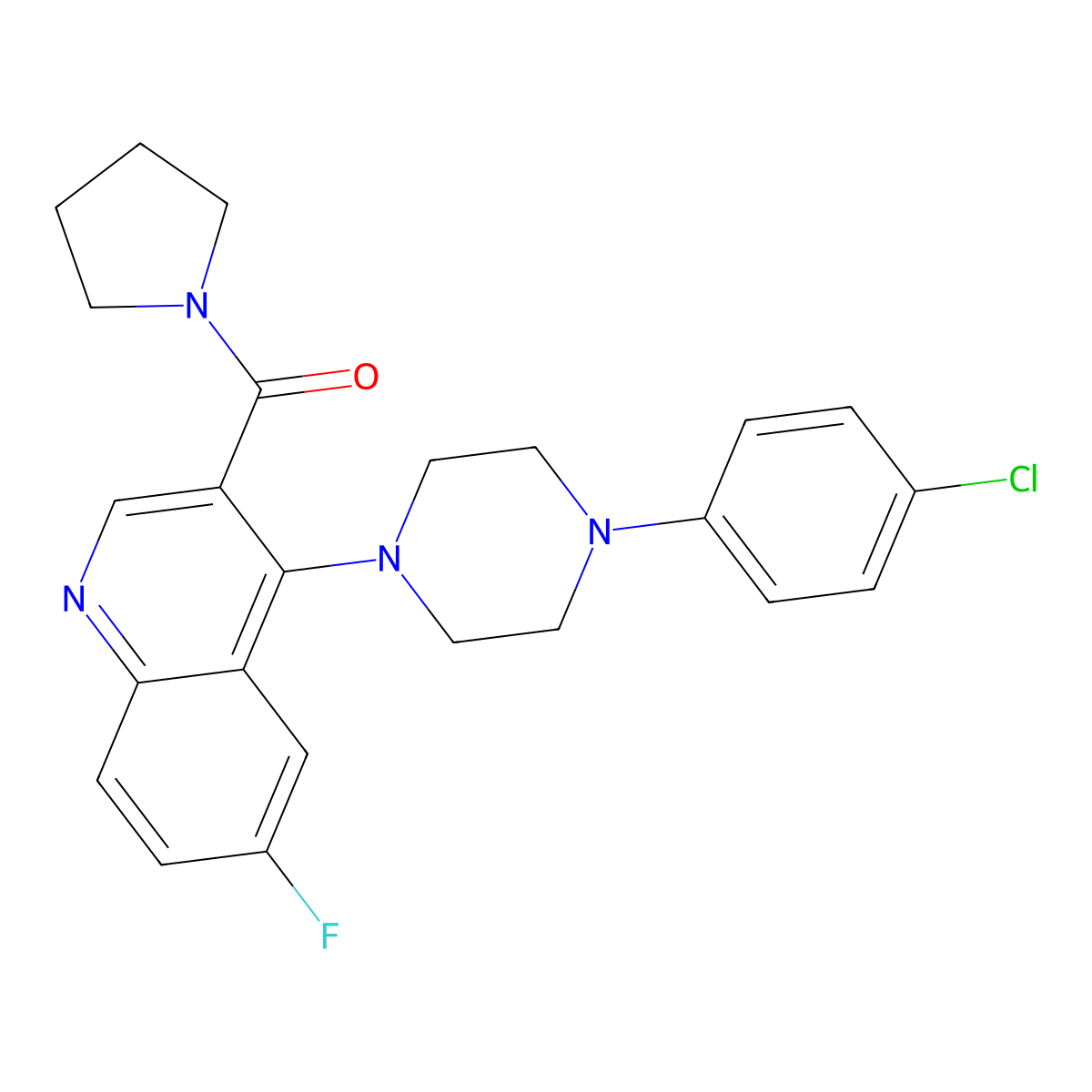 (4-(4-(4-Chlorophenyl)piperazin-1-yl)-6-fluoroquinolin-3-yl)(pyrrolidin-1-yl)methanone molecular structure, CAS 1326863-86-8
