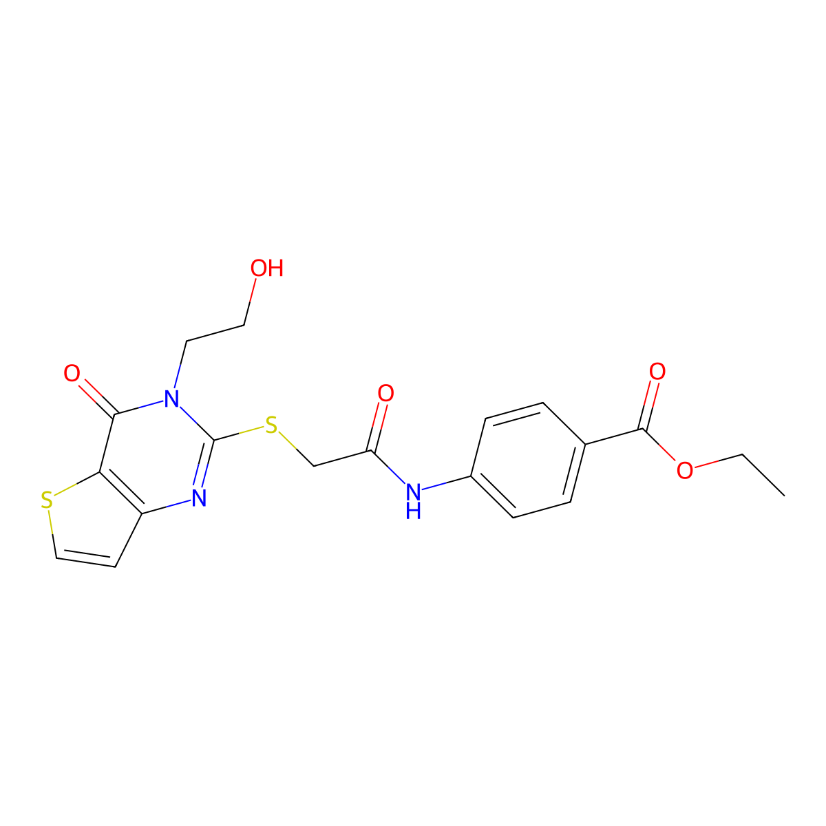 Ethyl 4-[({[3-(2-hydroxyethyl)-4-oxo-3,4-dihydrothieno[3,2-d]pyrimidin-2-yl]sulfanyl}acetyl)amino]benzoate molecular structure, CAS 1326865-91-1