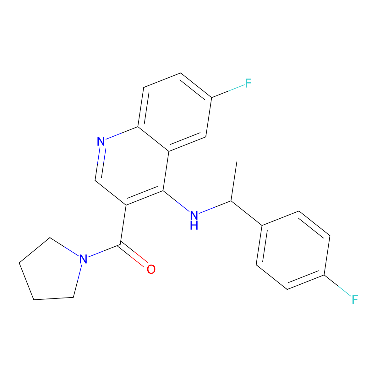 (6-Fluoro-4-((1-(4-fluorophenyl)ethyl)amino)quinolin-3-yl)(pyrrolidin-1-yl)methanone molecular structure, CAS 1326867-77-9